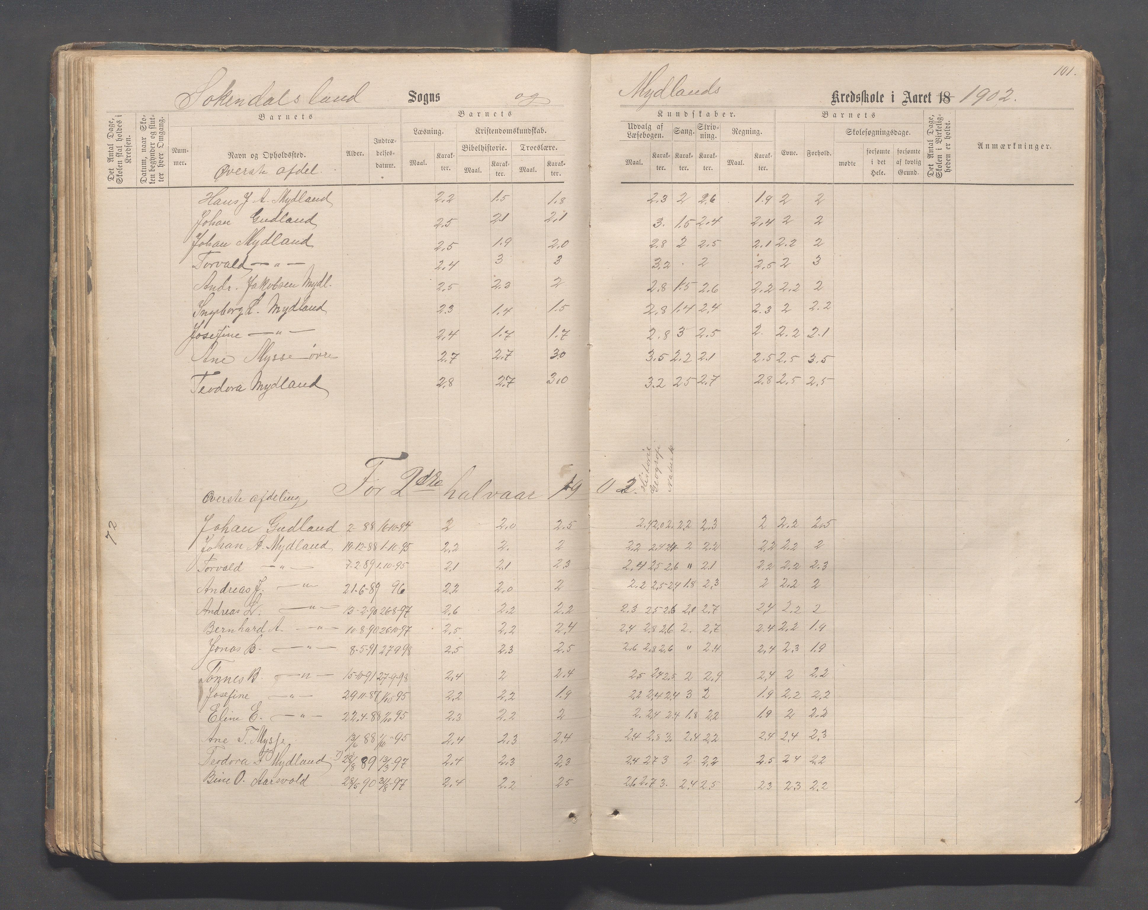 Sokndal kommune- Skolestyret/Skolekontoret, IKAR/K-101142/H/L0011: Skoleprotokoll - Mydland, Årrestad, Årsvoll, Gyland, Brambo, Skogestad, 1873-1908, p. 101