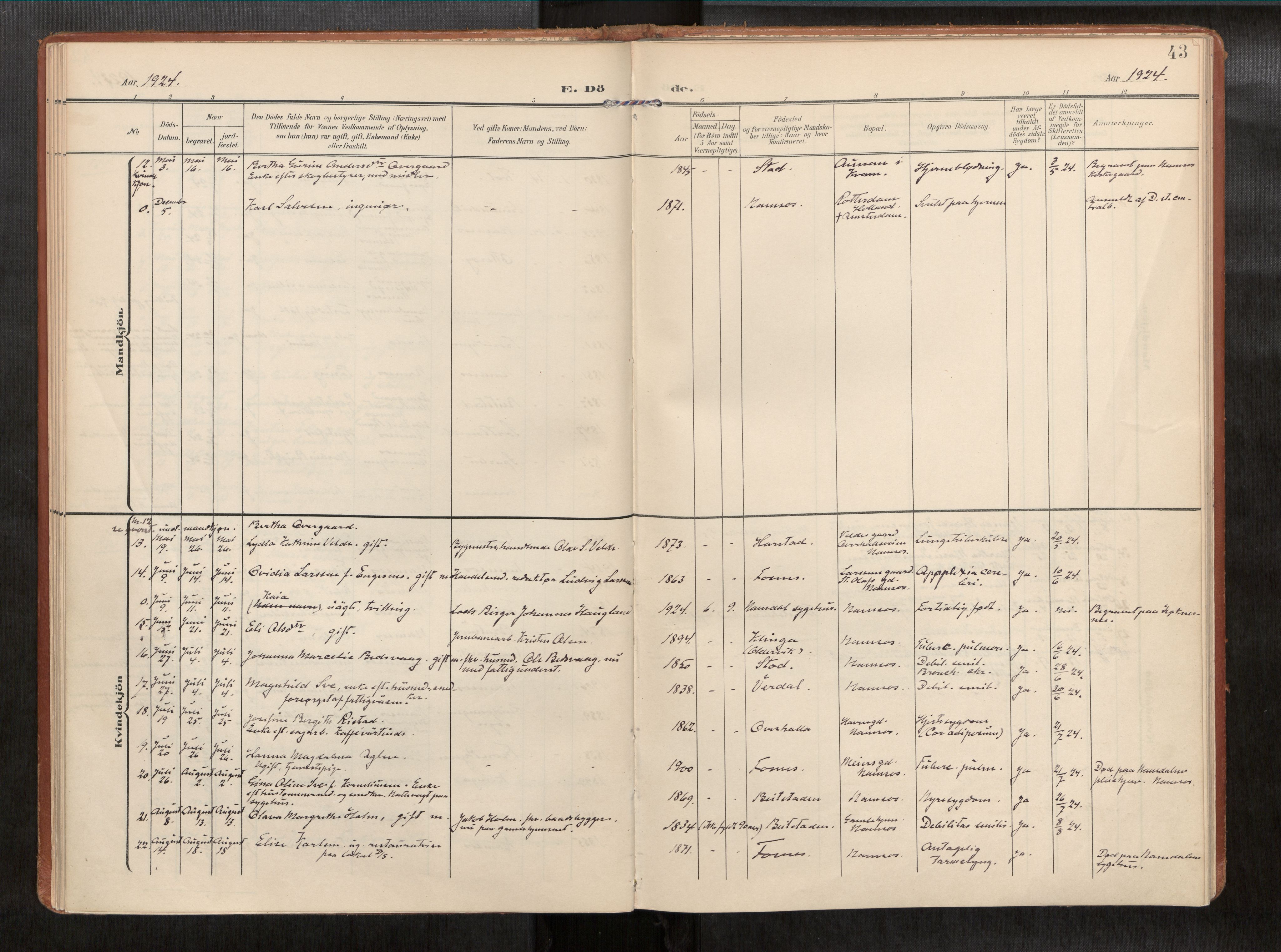 Ministerialprotokoller, klokkerbøker og fødselsregistre - Nord-Trøndelag, AV/SAT-A-1458/768/L0579b: Parish register (official) no. 768A15, 1908-1945, p. 43