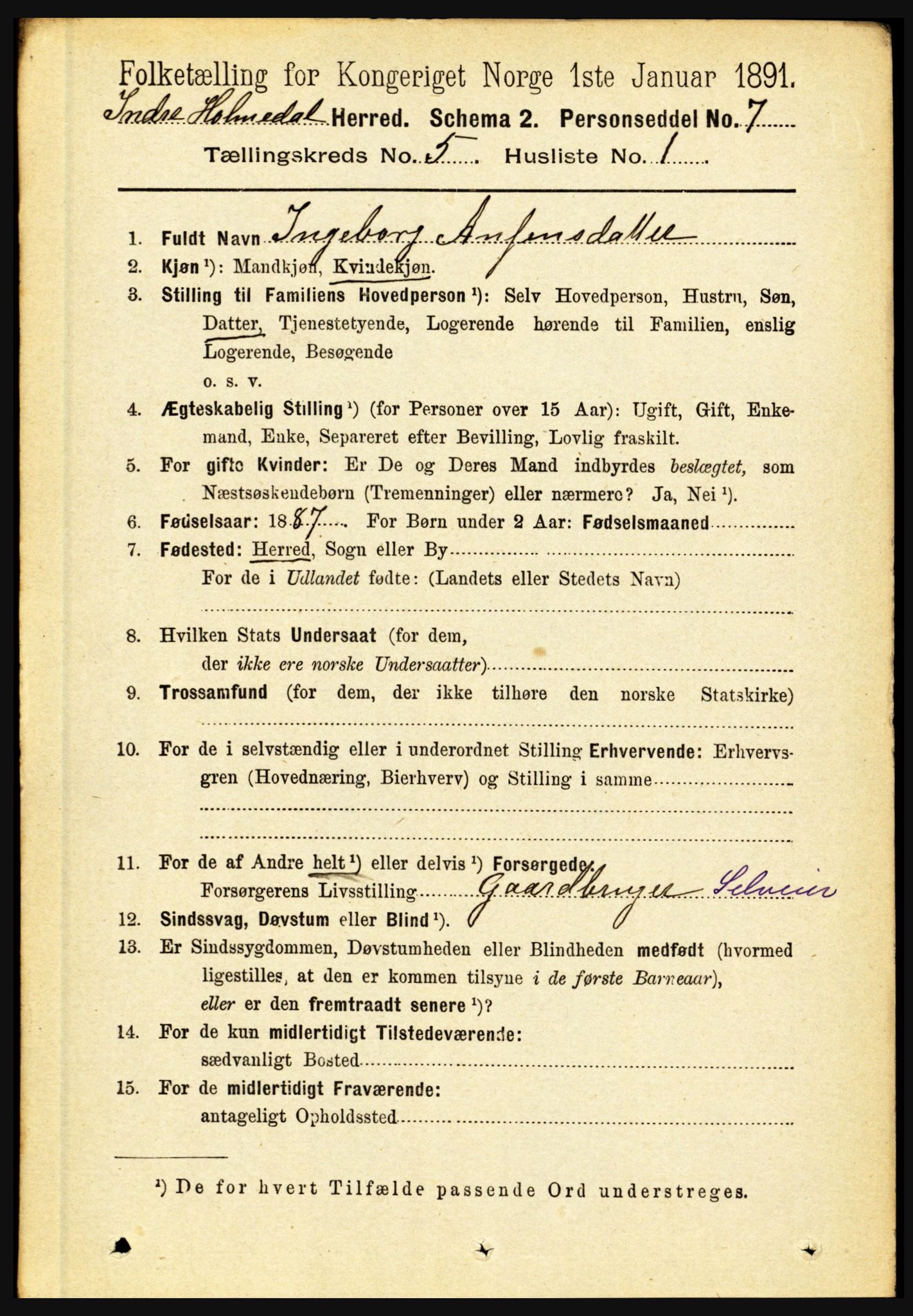 RA, 1891 census for 1430 Indre Holmedal, 1891, p. 1909