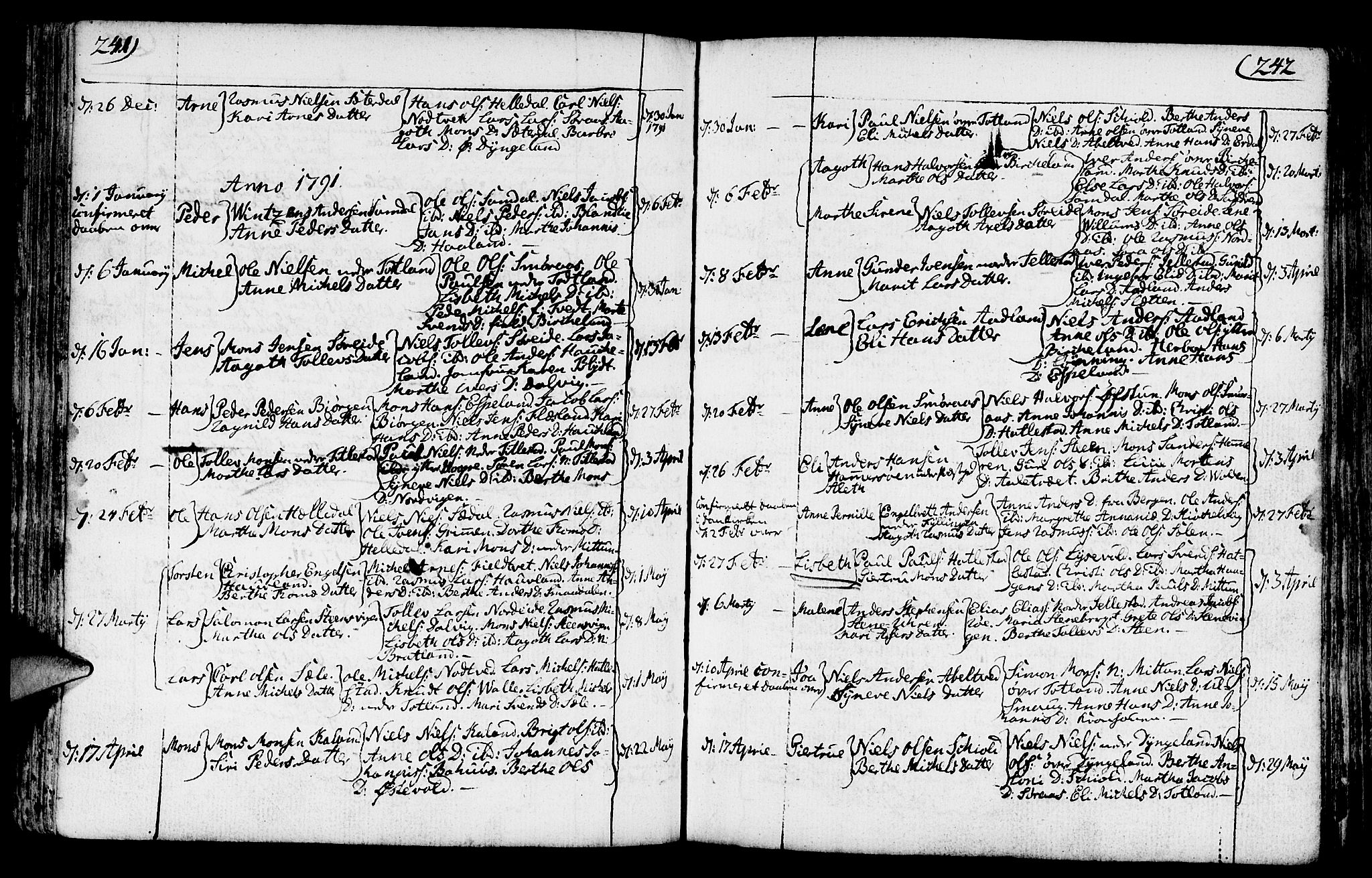 Fana Sokneprestembete, AV/SAB-A-75101/H/Haa/Haaa/L0005: Parish register (official) no. A 5, 1773-1799, p. 241-242