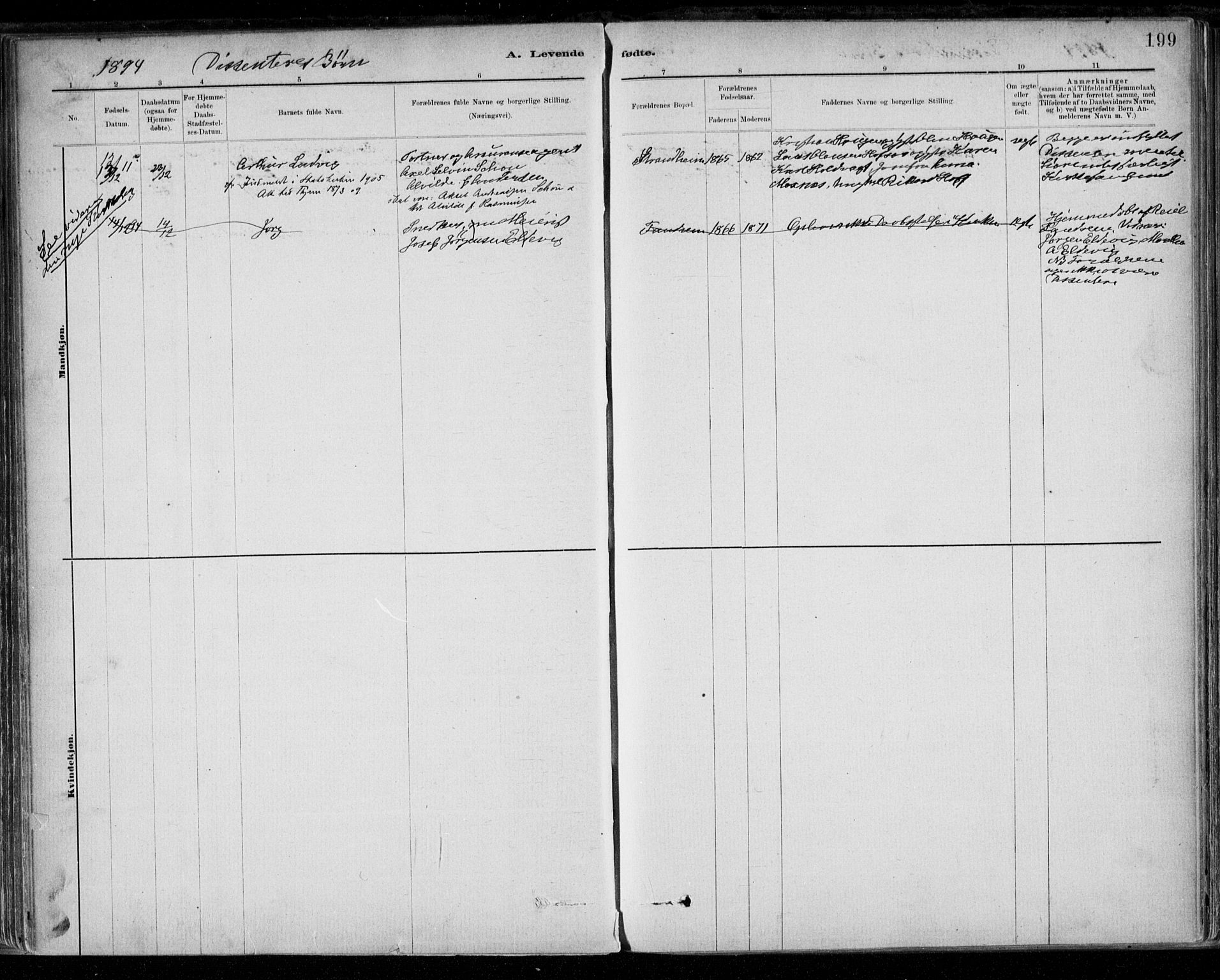 Ministerialprotokoller, klokkerbøker og fødselsregistre - Sør-Trøndelag, SAT/A-1456/668/L0809: Parish register (official) no. 668A09, 1881-1895, p. 199