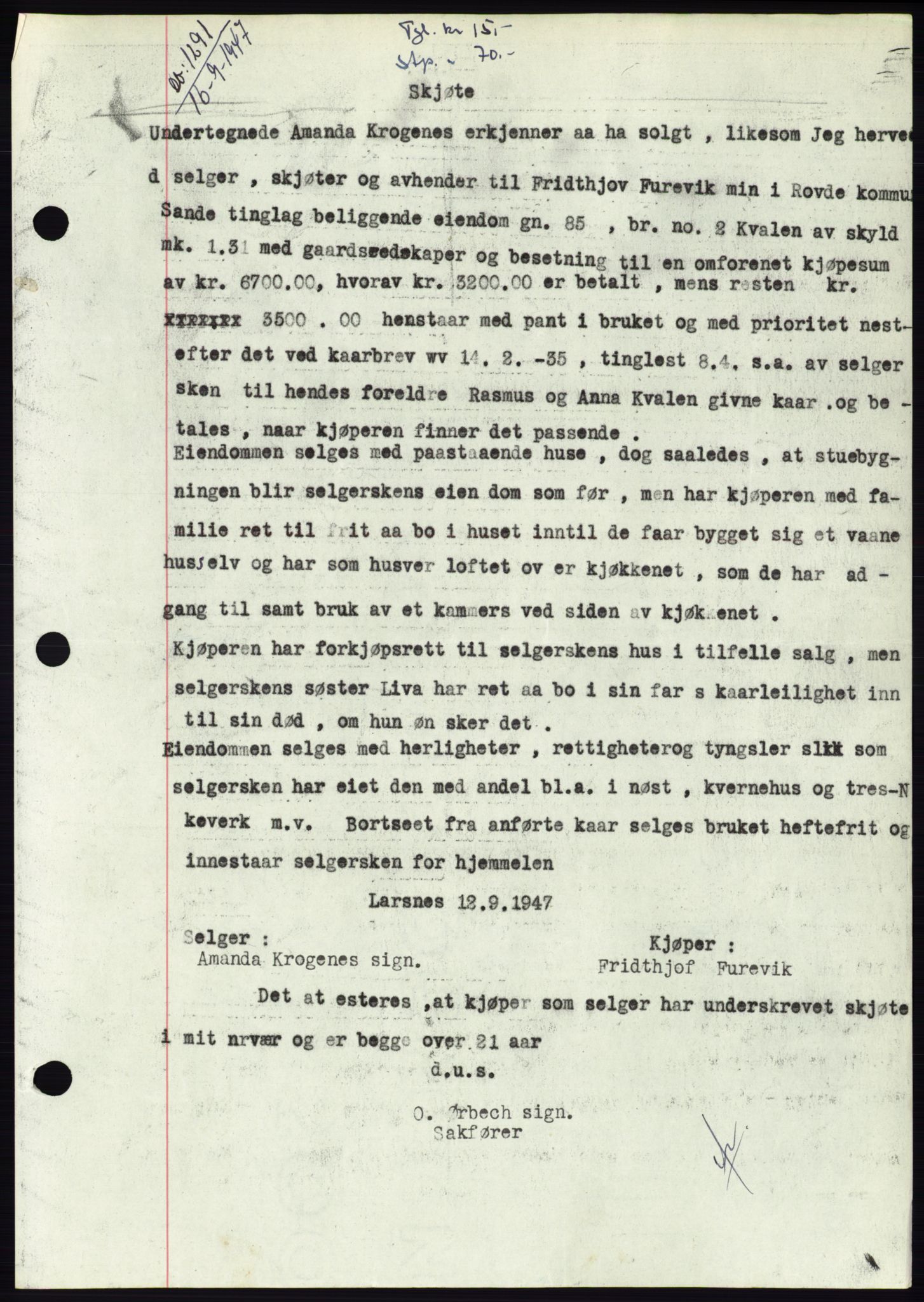 Søre Sunnmøre sorenskriveri, AV/SAT-A-4122/1/2/2C/L0081: Mortgage book no. 7A, 1947-1948, Diary no: : 1291/1947