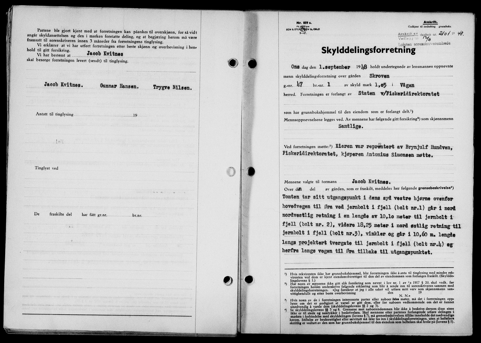 Lofoten sorenskriveri, SAT/A-0017/1/2/2C/L0019a: Mortgage book no. 19a, 1948-1948, Diary no: : 2101/1948