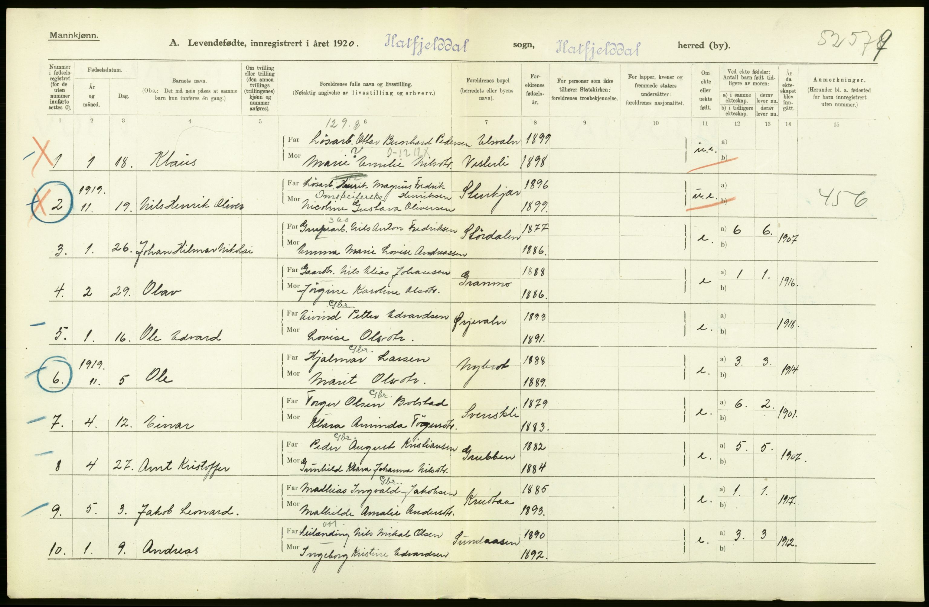 Statistisk sentralbyrå, Sosiodemografiske emner, Befolkning, AV/RA-S-2228/D/Df/Dfb/Dfbj/L0055: Nordland fylke: Levendefødte menn og kvinner. Bygder., 1920, p. 32