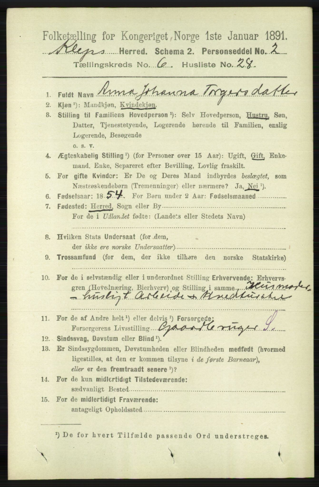 RA, 1891 census for 1120 Klepp, 1891, p. 1827