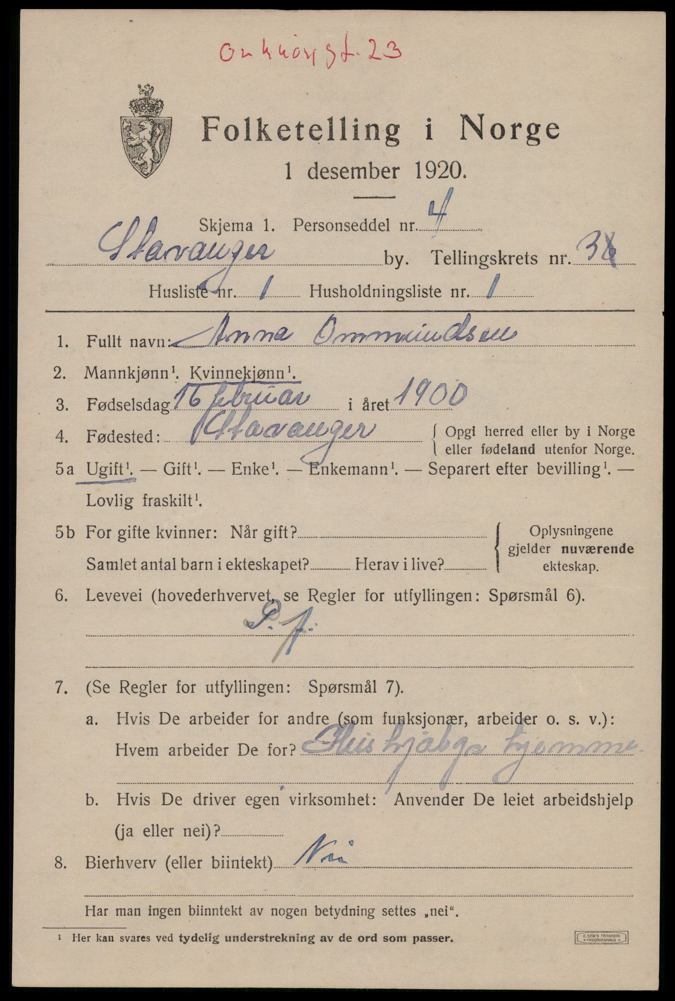 SAST, 1920 census for Stavanger, 1920, p. 95730