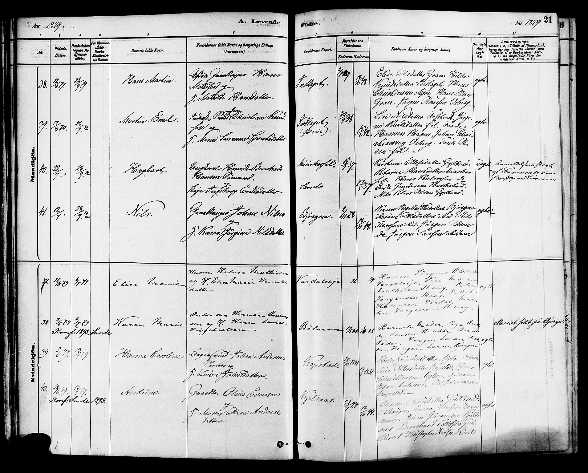 Sande Kirkebøker, AV/SAKO-A-53/F/Fa/L0006: Parish register (official) no. 6, 1878-1888, p. 21