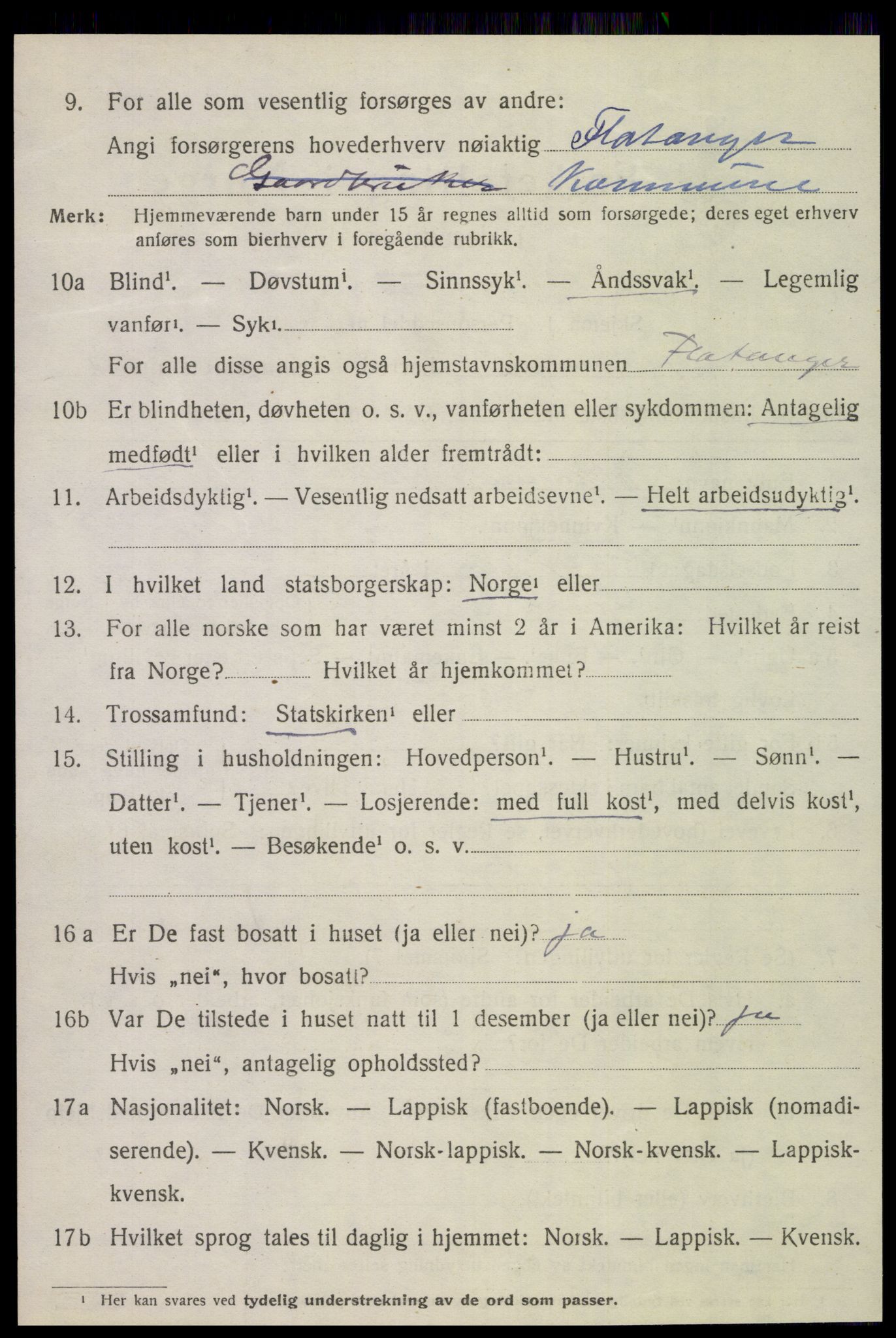 SAT, 1920 census for Flatanger, 1920, p. 2397