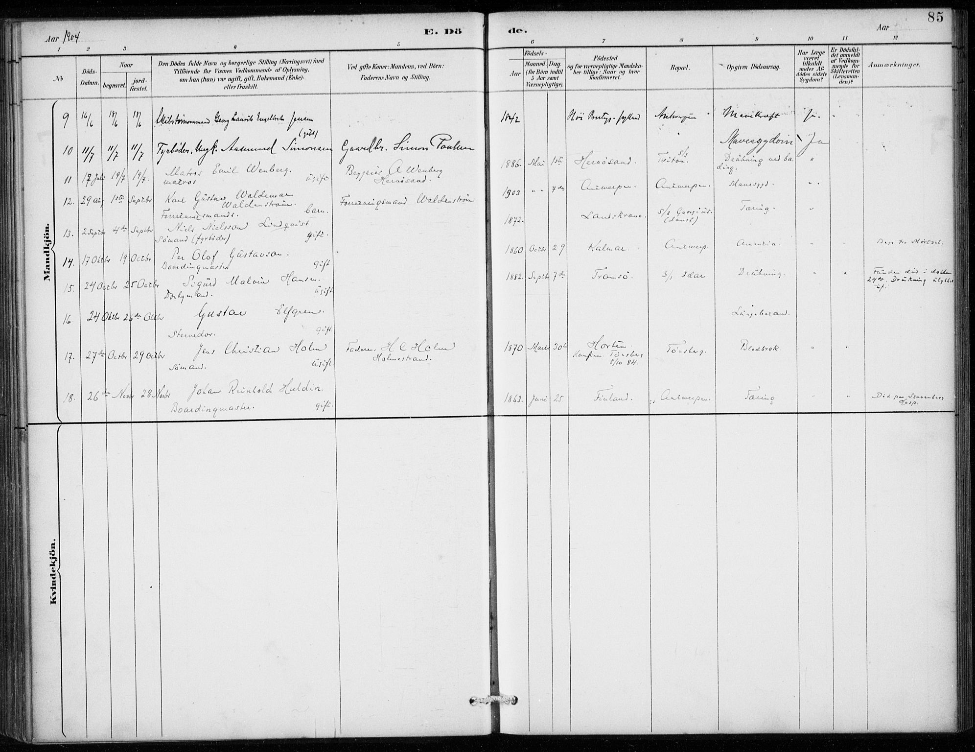 Den norske sjømannsmisjon i utlandet/Antwerpen, AV/SAB-SAB/PA-0105/H/Ha/L0002: Parish register (official) no. A 2, 1887-1913, p. 85