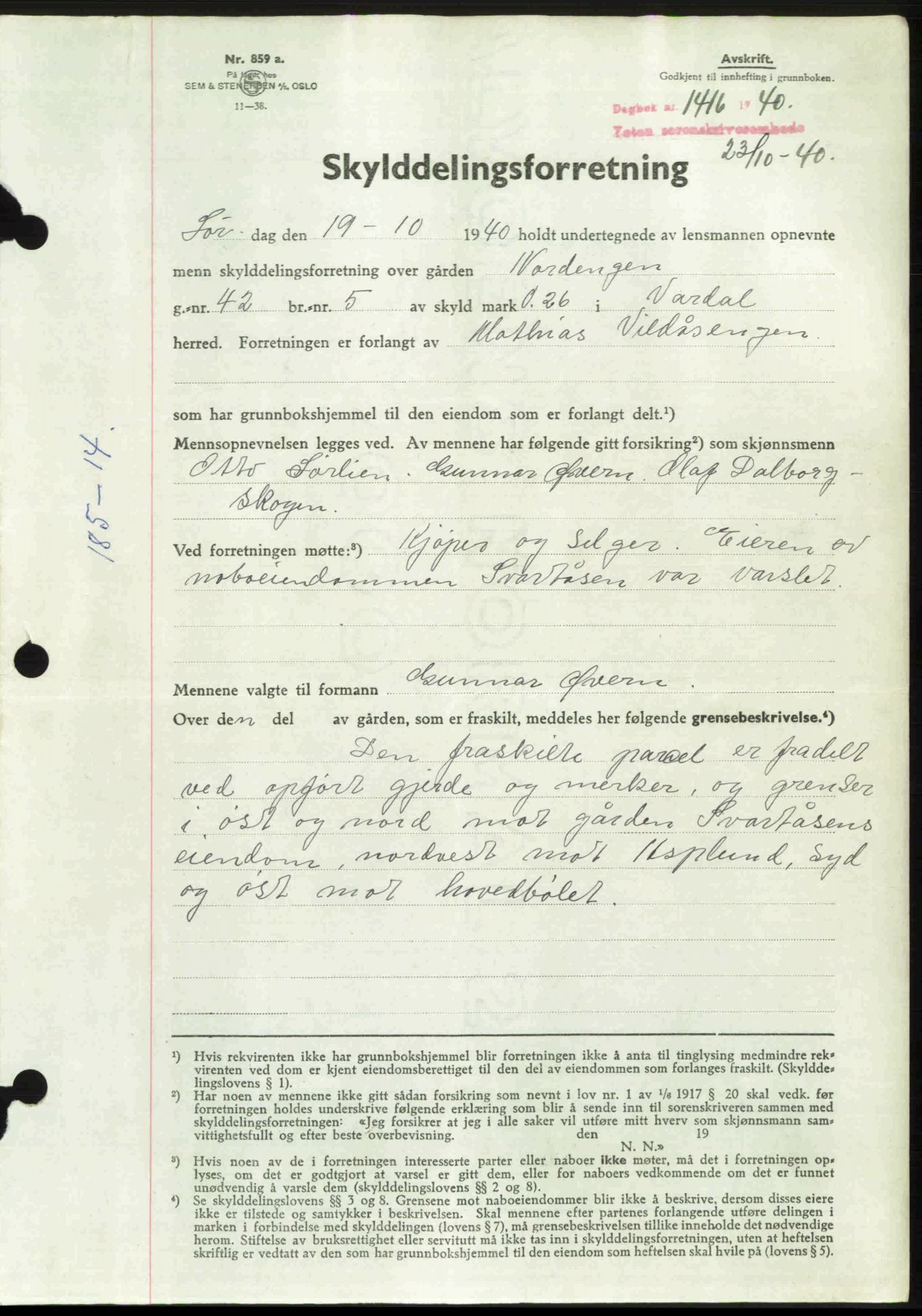 Toten tingrett, AV/SAH-TING-006/H/Hb/Hbc/L0007: Mortgage book no. Hbc-07, 1939-1940, Diary no: : 1416/1940