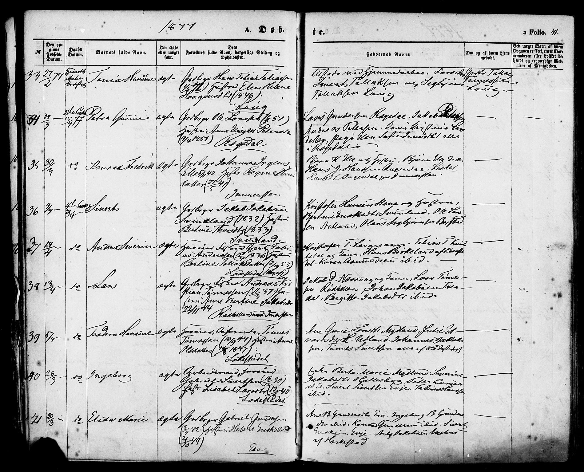 Sokndal sokneprestkontor, SAST/A-101808: Parish register (official) no. A 10, 1874-1886, p. 41