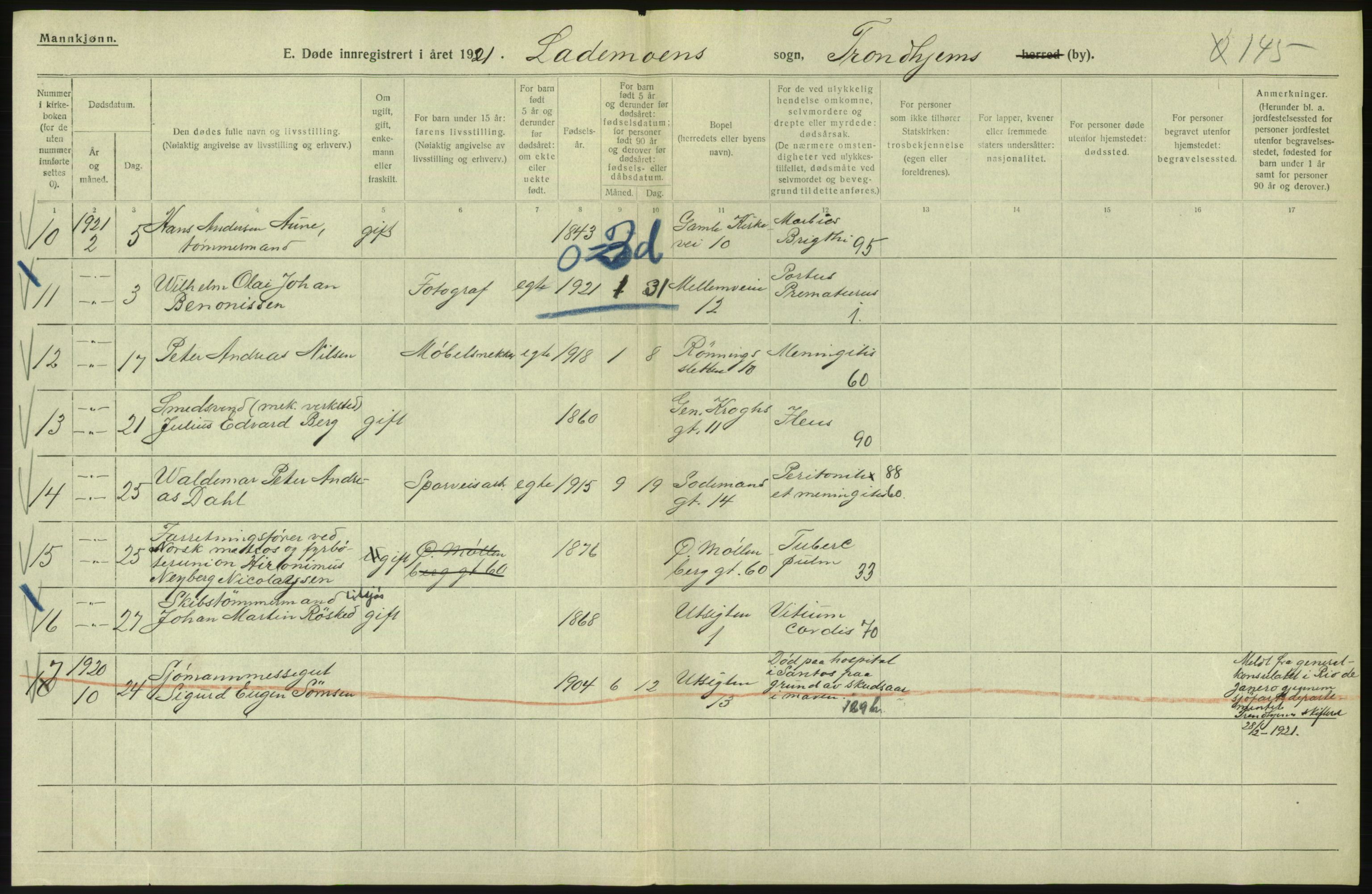 Statistisk sentralbyrå, Sosiodemografiske emner, Befolkning, AV/RA-S-2228/D/Df/Dfc/Dfca/L0046: Trondheim: Døde, dødfødte., 1921, p. 180