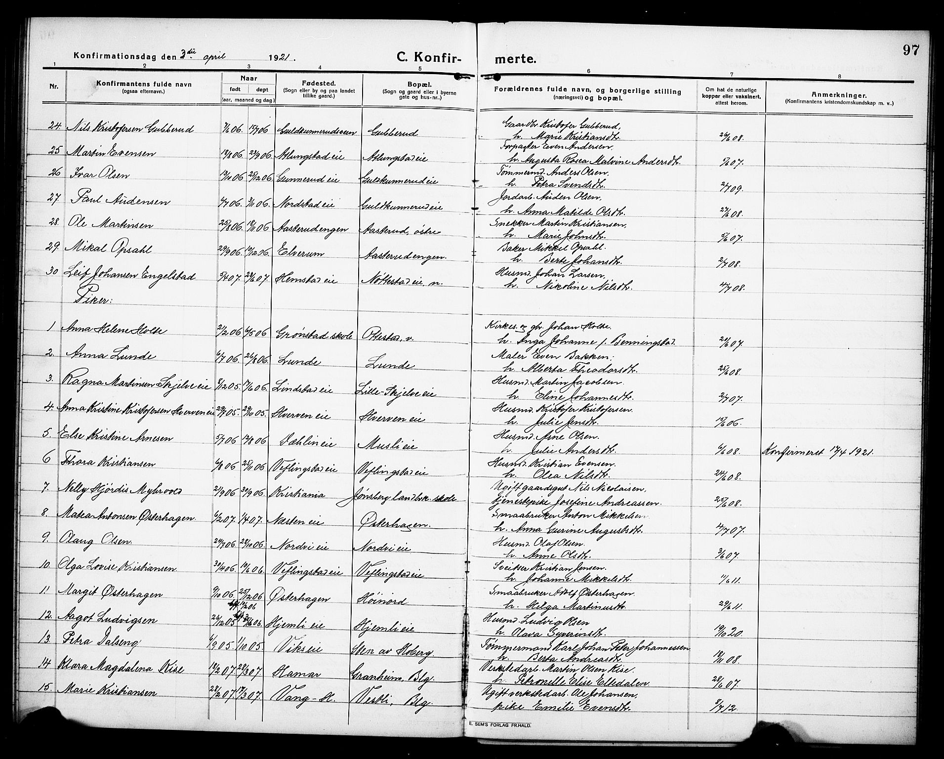 Stange prestekontor, SAH/PREST-002/L/L0015: Parish register (copy) no. 15, 1916-1928, p. 97