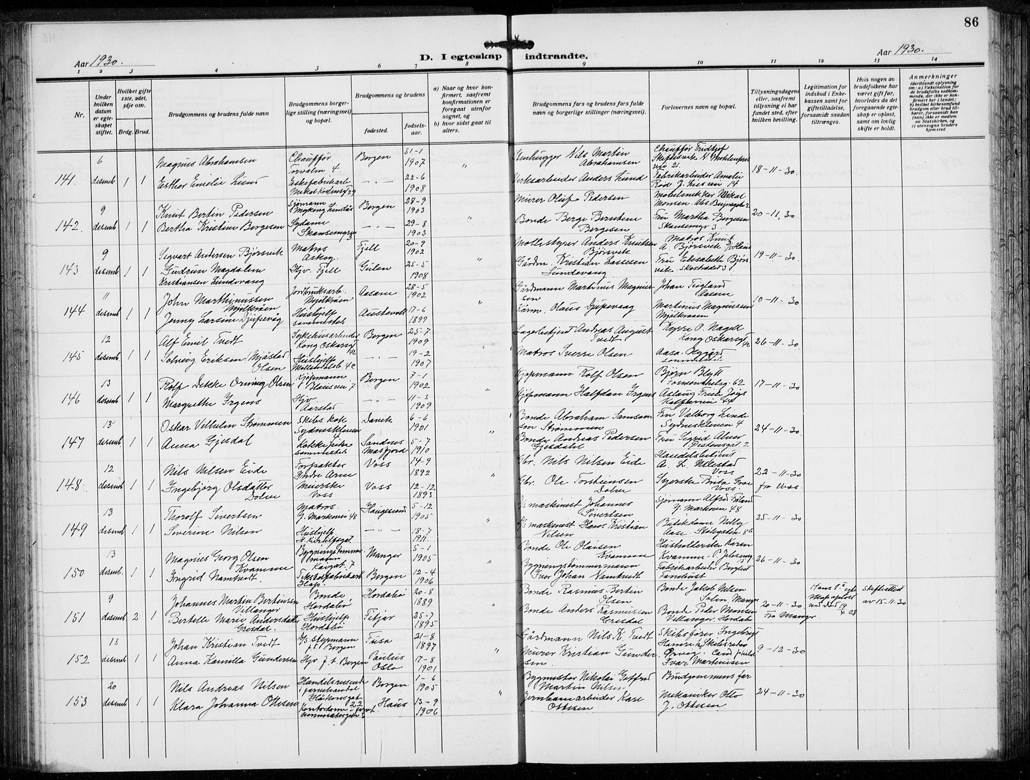 Domkirken sokneprestembete, AV/SAB-A-74801/H/Hab/L0034: Parish register (copy) no. D 6, 1924-1941, p. 86
