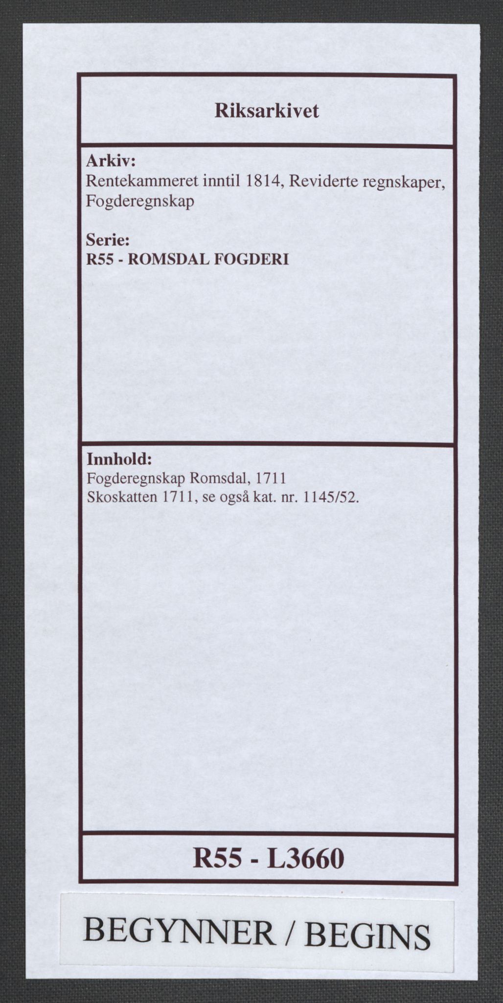 Rentekammeret inntil 1814, Reviderte regnskaper, Fogderegnskap, RA/EA-4092/R55/L3660: Fogderegnskap Romsdal, 1711, p. 1