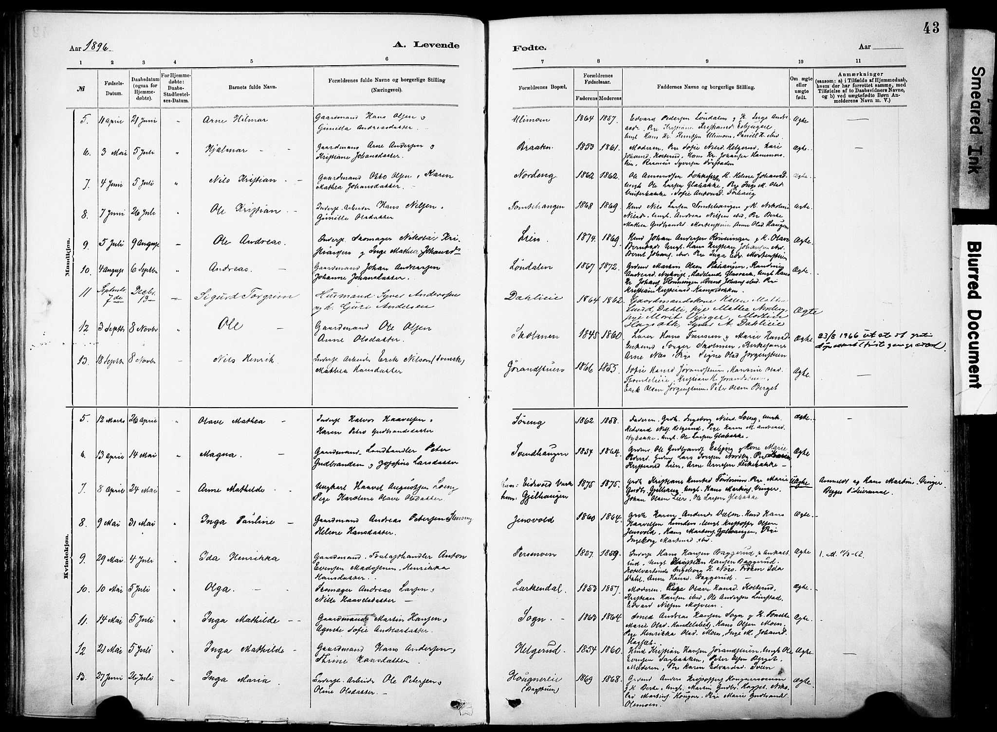 Nordre Land prestekontor, AV/SAH-PREST-124/H/Ha/Haa/L0005: Parish register (official) no. 5, 1882-1903, p. 43