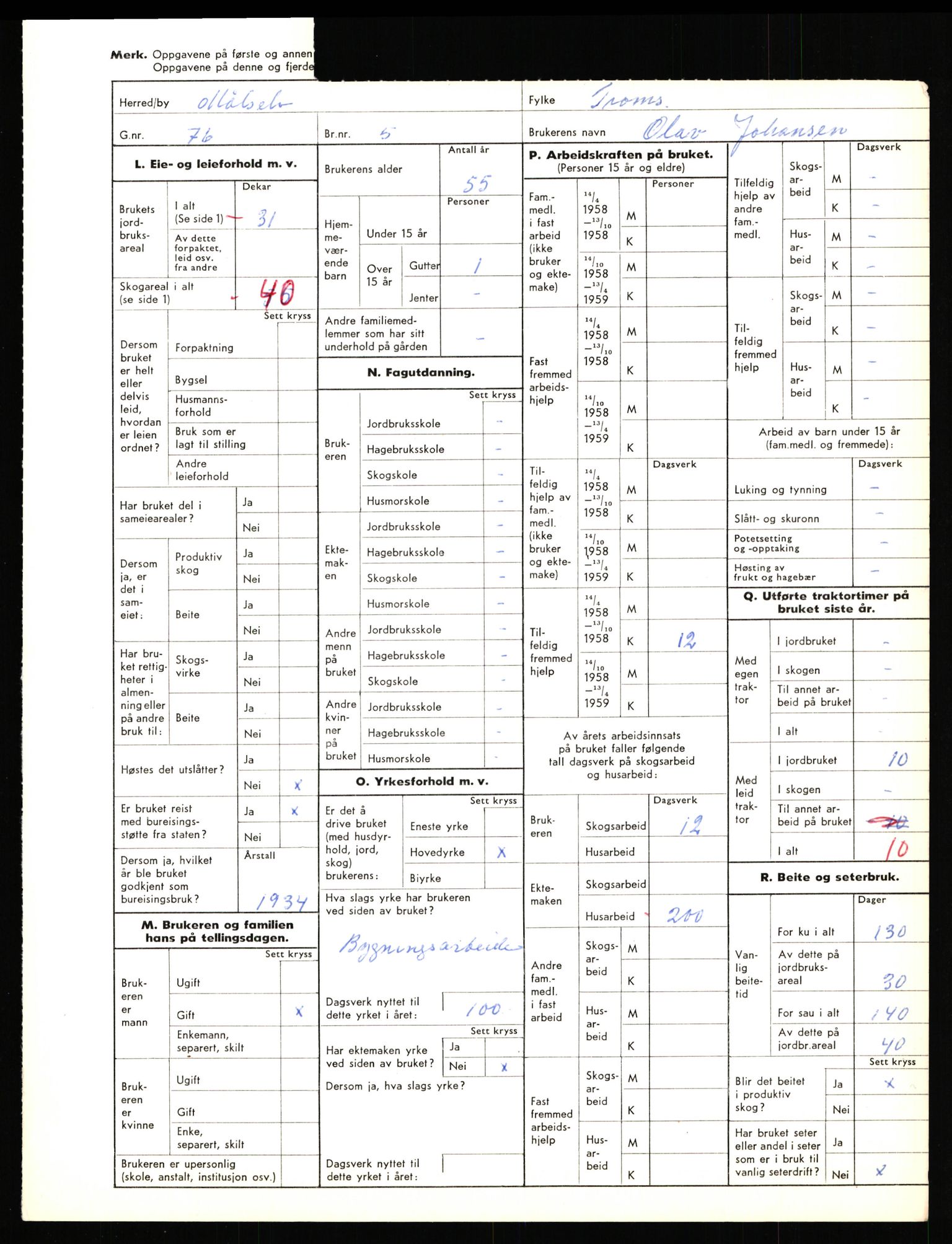 Statistisk sentralbyrå, Næringsøkonomiske emner, Jordbruk, skogbruk, jakt, fiske og fangst, AV/RA-S-2234/G/Gd/L0655: Troms: 1924 Målselv (kl. 4-10), 1959, p. 1177