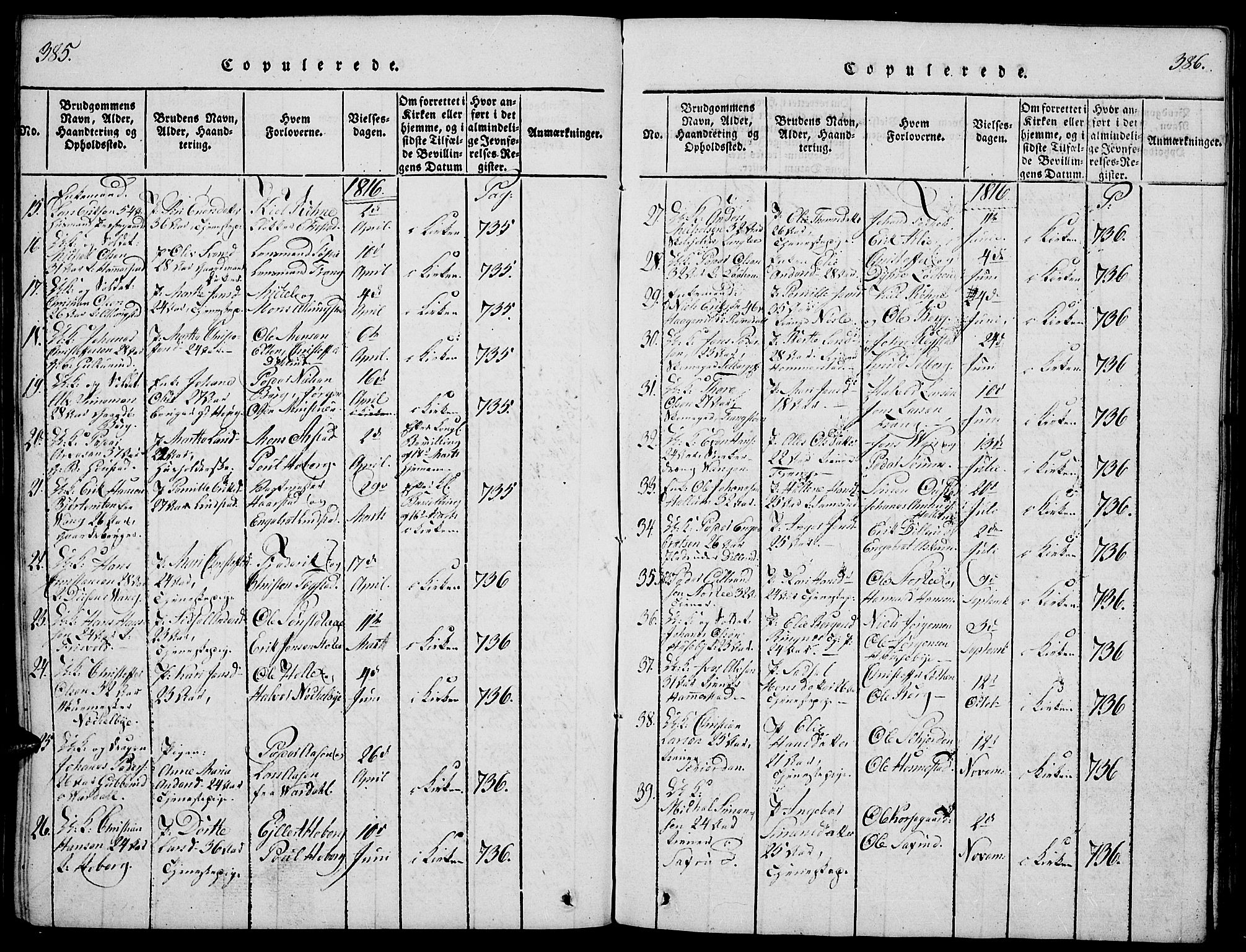 Stange prestekontor, SAH/PREST-002/K/L0008: Parish register (official) no. 8, 1814-1825, p. 385-386