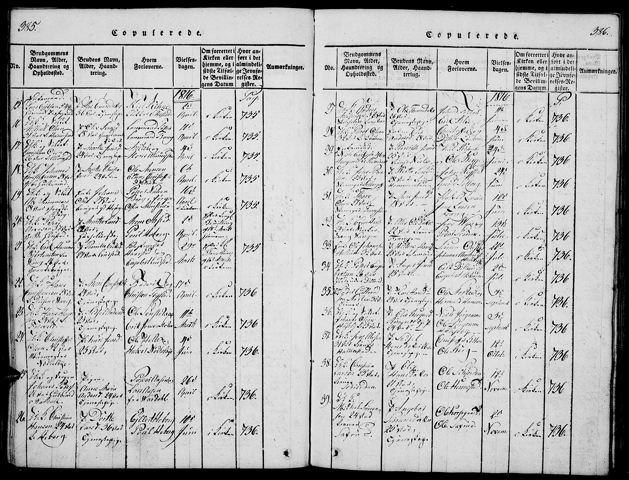 Stange prestekontor, AV/SAH-PREST-002/K/L0008: Parish register (official) no. 8, 1814-1825, p. 385-386