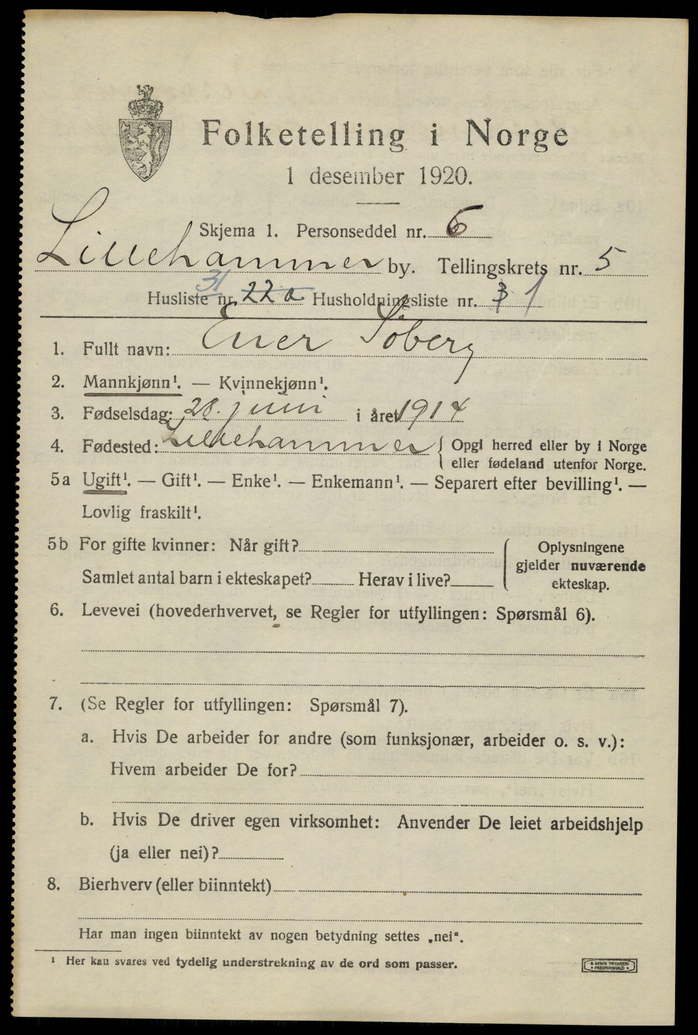 SAH, 1920 census for Lillehammer, 1920, p. 8158