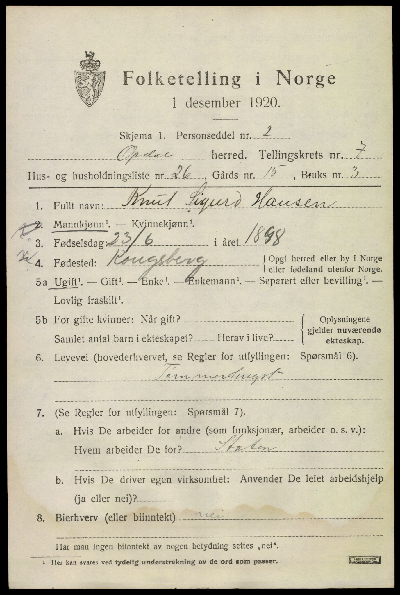 SAKO, 1920 census for Uvdal, 1920, p. 3067