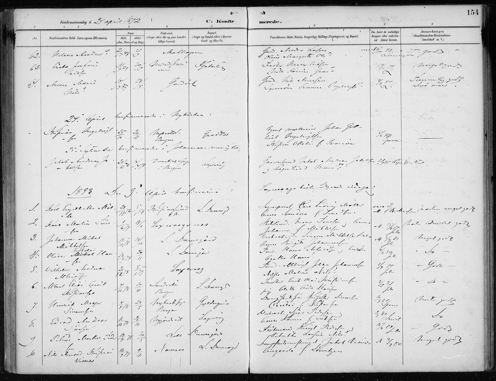 Askøy Sokneprestembete, SAB/A-74101/H/Ha/Haa/Haae/L0003: Parish register (official) no. E 3, 1891-1903, p. 154
