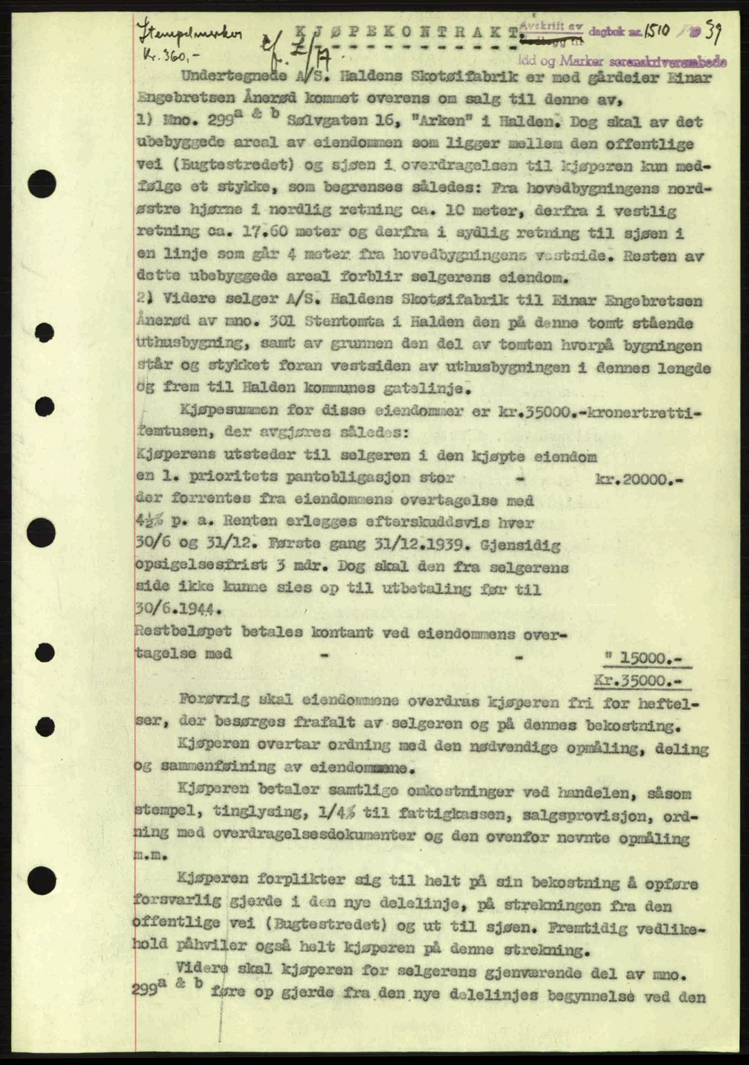 Idd og Marker sorenskriveri, AV/SAO-A-10283/G/Gb/Gbb/L0003: Mortgage book no. A3, 1938-1939, Diary no: : 1510/1939