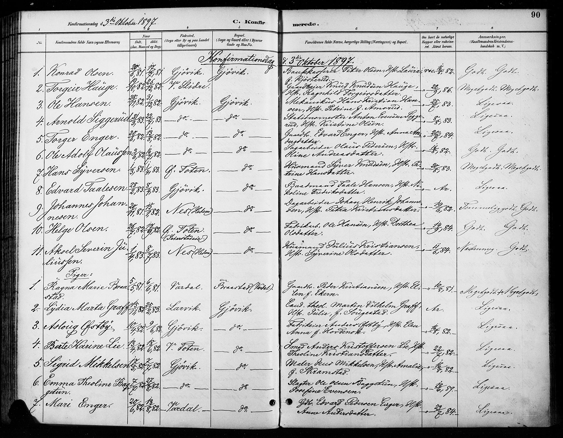 Vardal prestekontor, SAH/PREST-100/H/Ha/Haa/L0011: Parish register (official) no. 11, 1891-1901, p. 90