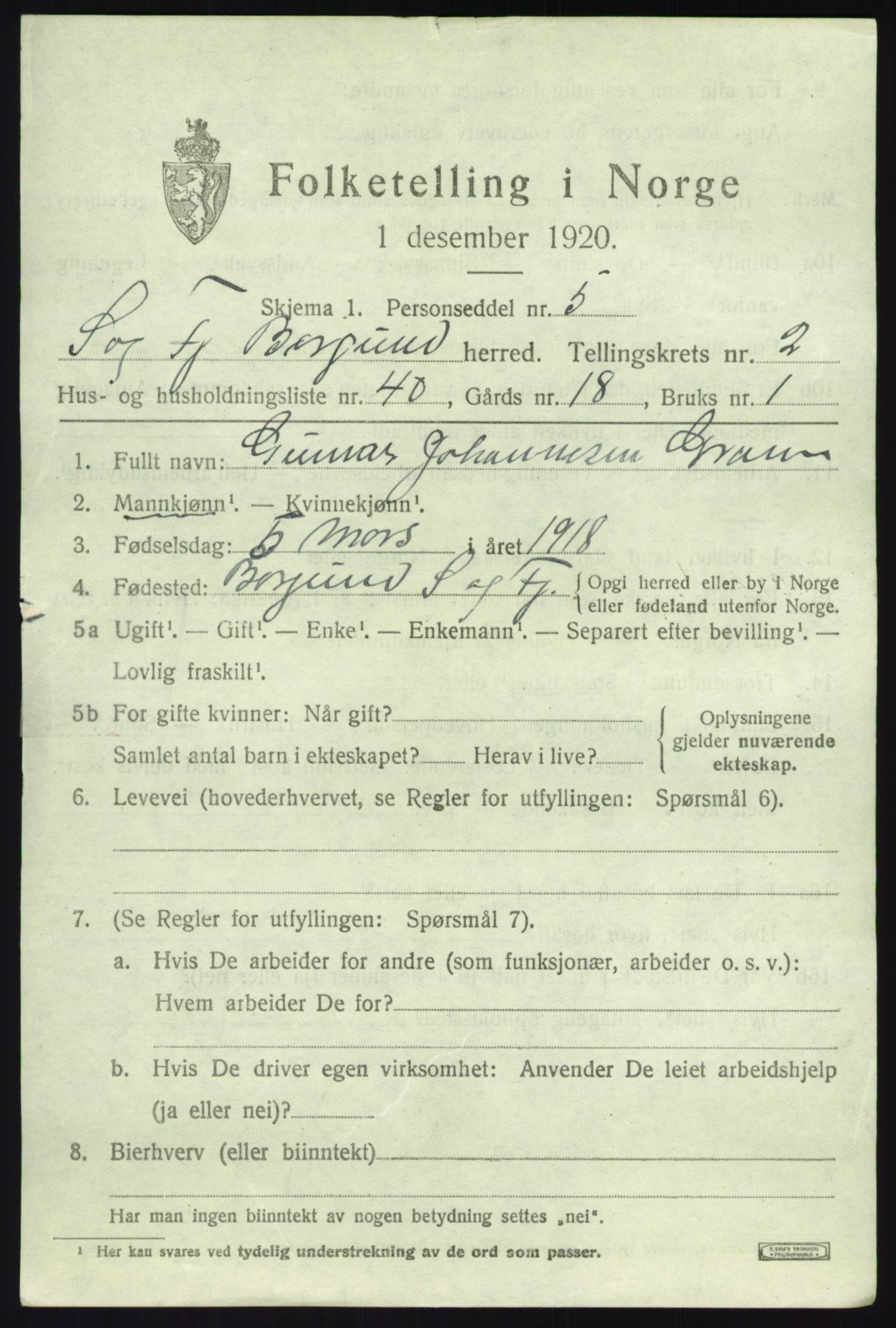 SAB, 1920 census for Borgund, 1920, p. 1088