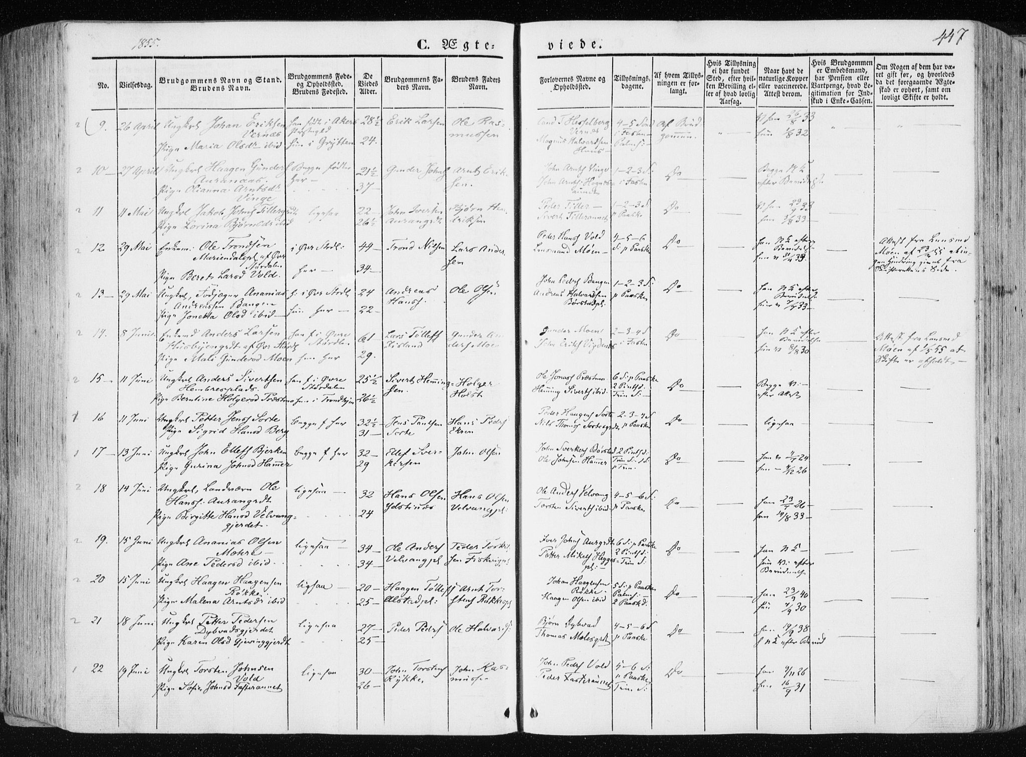 Ministerialprotokoller, klokkerbøker og fødselsregistre - Nord-Trøndelag, AV/SAT-A-1458/709/L0074: Parish register (official) no. 709A14, 1845-1858, p. 447