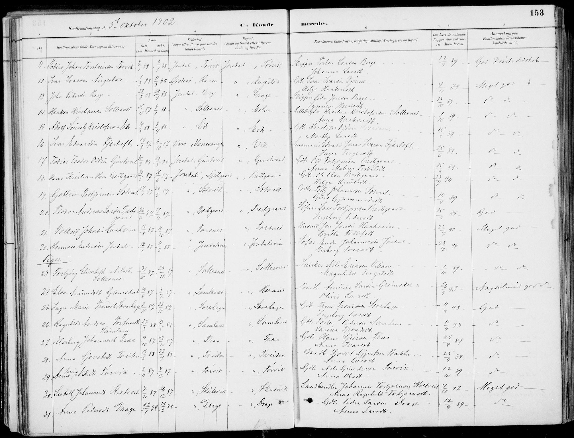 Strandebarm sokneprestembete, AV/SAB-A-78401/H/Haa: Parish register (official) no. E  1, 1886-1908, p. 153