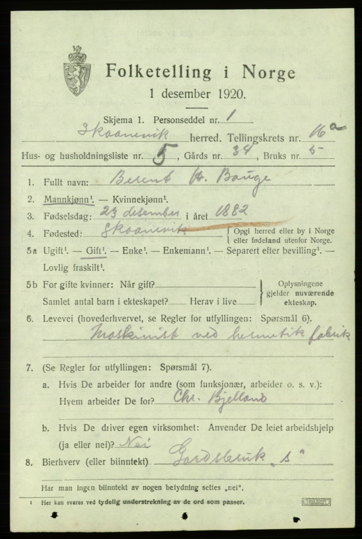 SAB, 1920 census for Skånevik, 1920, p. 6385