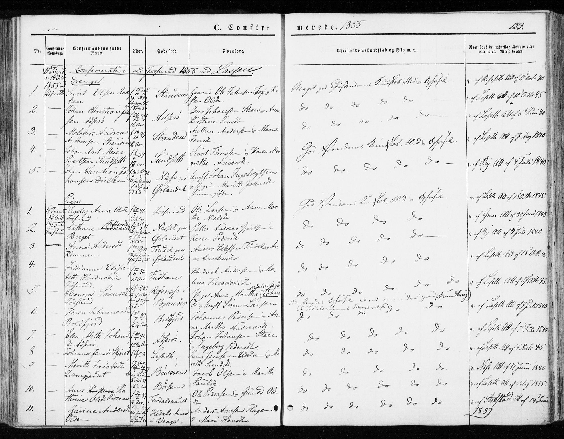 Ministerialprotokoller, klokkerbøker og fødselsregistre - Sør-Trøndelag, SAT/A-1456/655/L0677: Parish register (official) no. 655A06, 1847-1860, p. 123