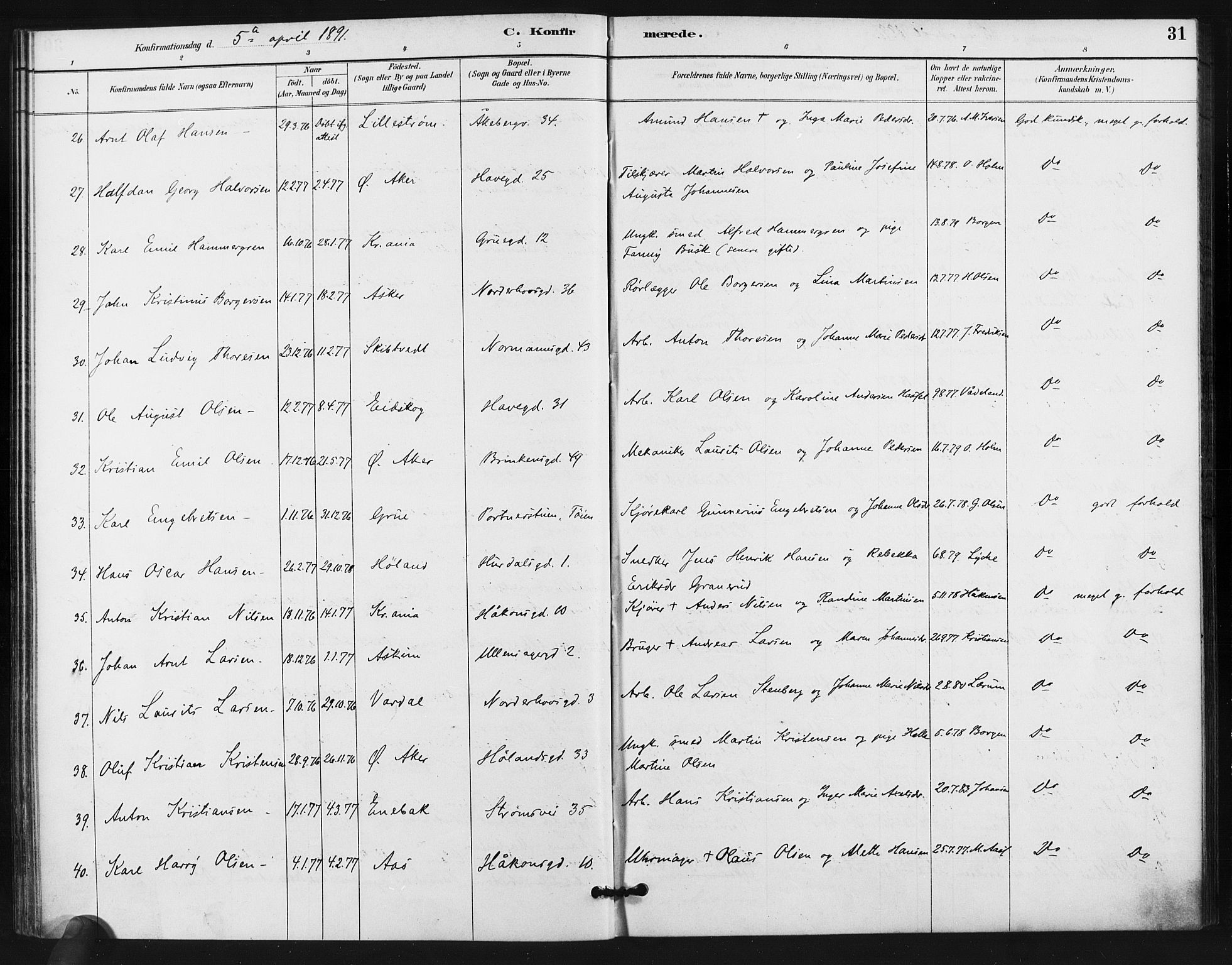 Kampen prestekontor Kirkebøker, AV/SAO-A-10853/F/Fa/L0006: Parish register (official) no. I 6, 1889-1896, p. 31