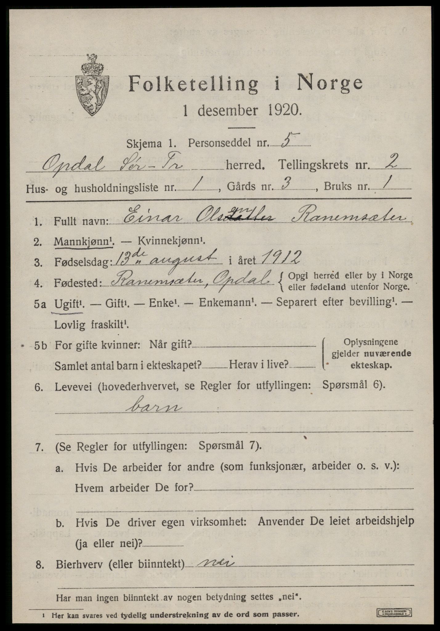 SAT, 1920 census for Oppdal, 1920, p. 2405