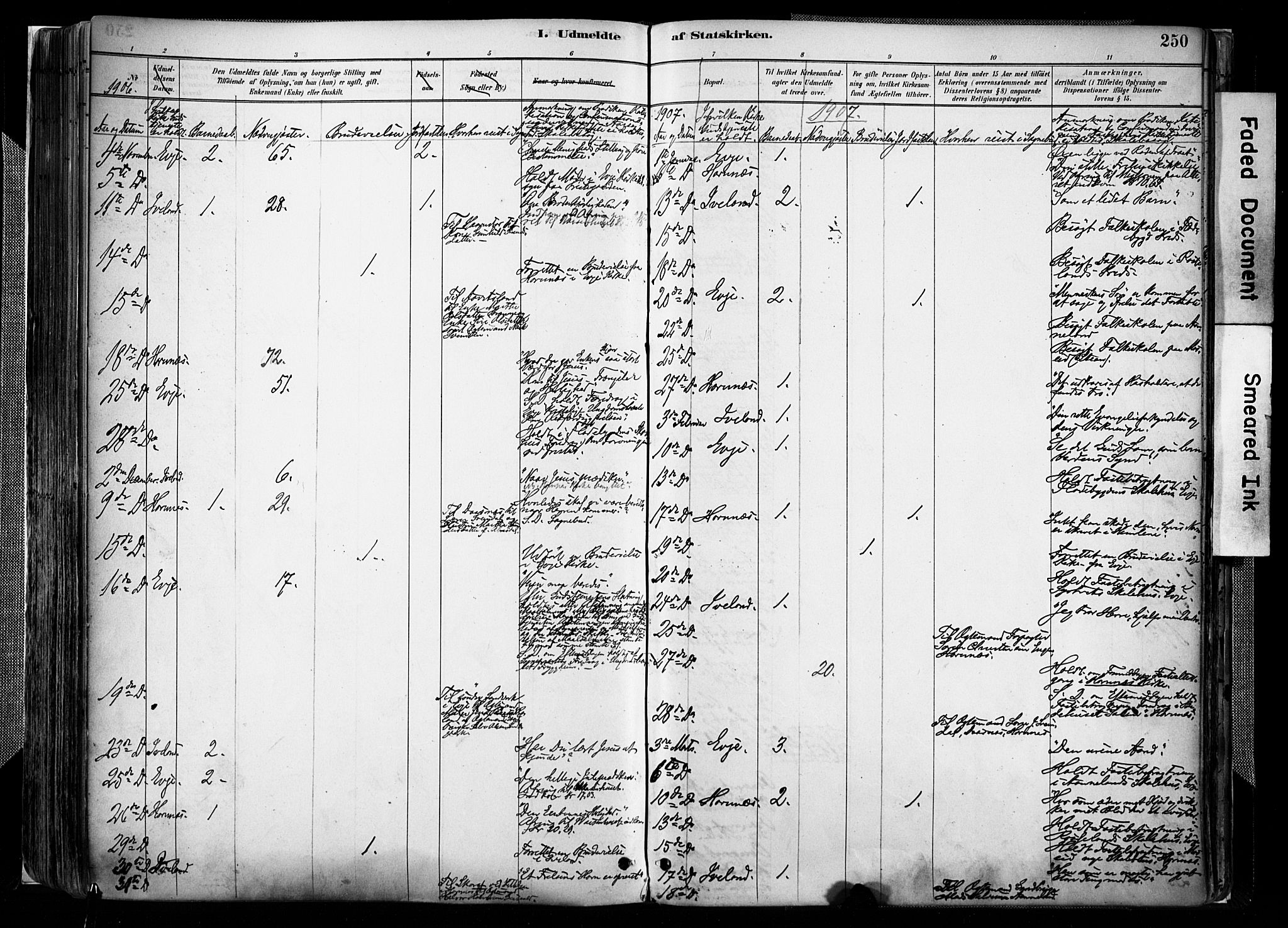 Evje sokneprestkontor, AV/SAK-1111-0008/F/Fa/Faa/L0007: Parish register (official) no. A 7, 1884-1909, p. 250