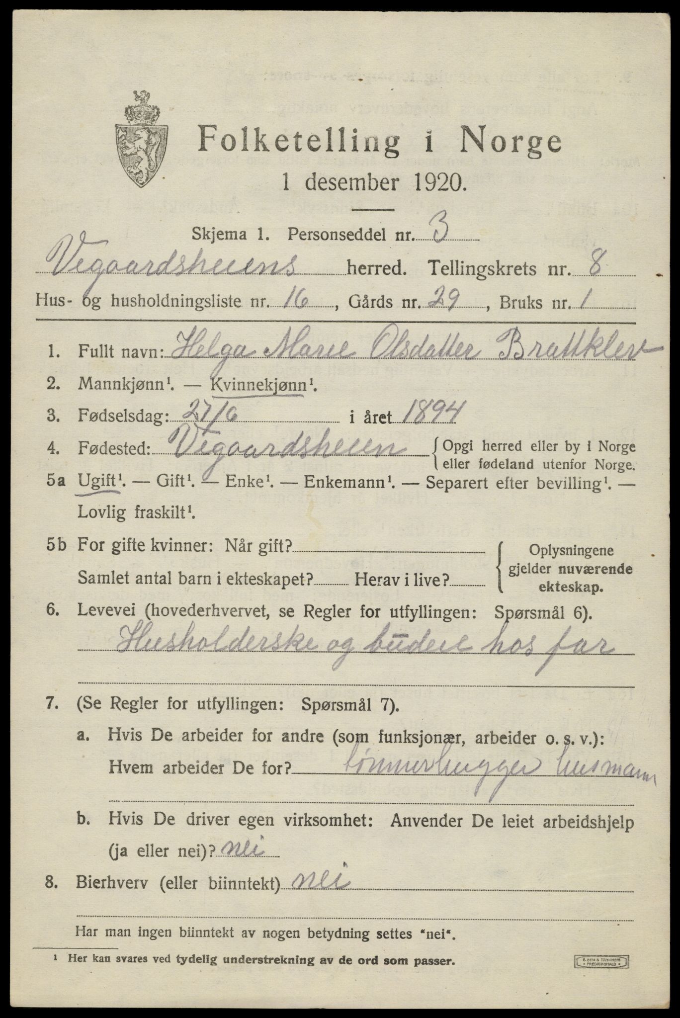 SAK, 1920 census for Vegårshei, 1920, p. 2920