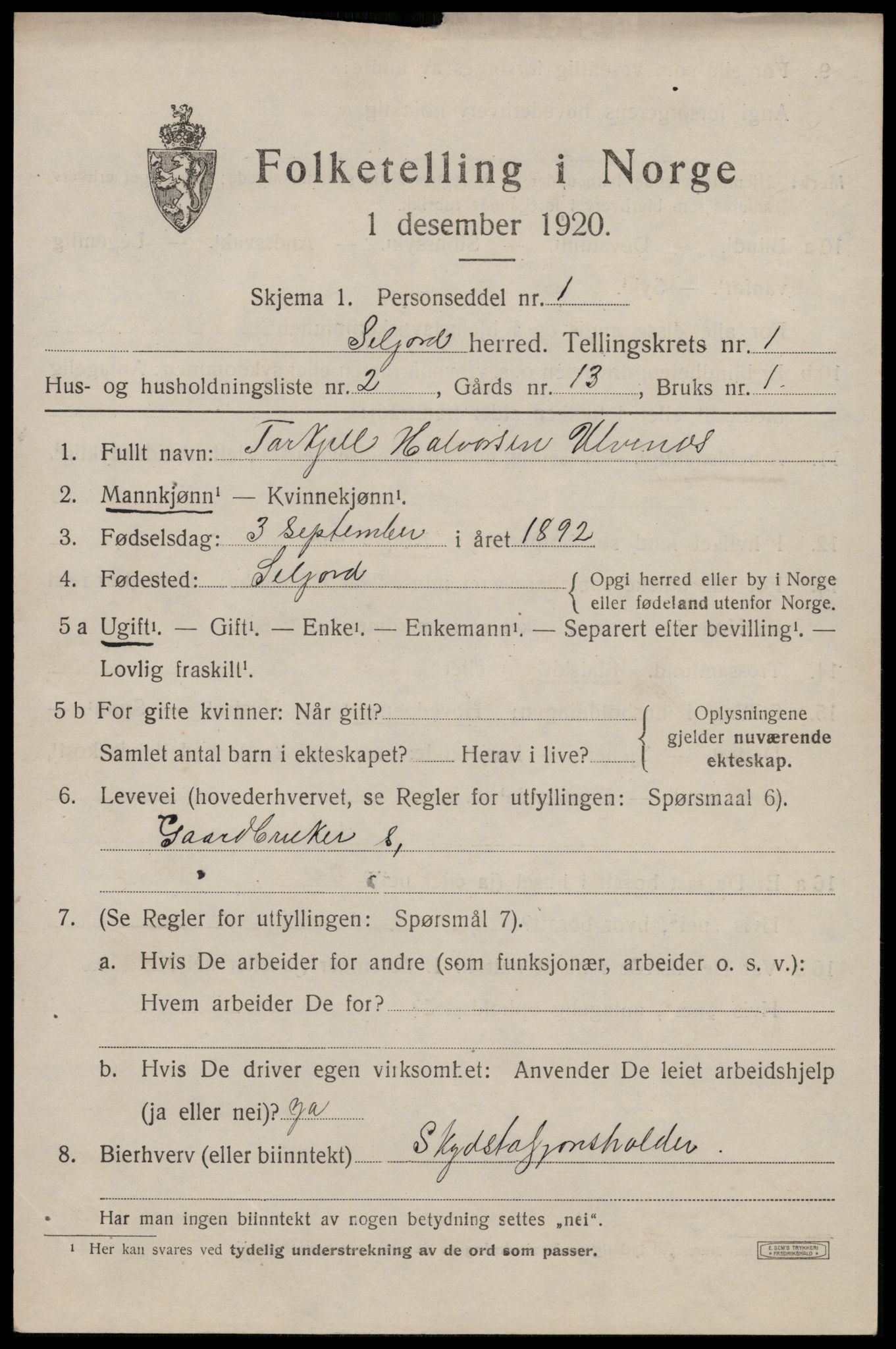 SAKO, 1920 census for Seljord, 1920, p. 1238
