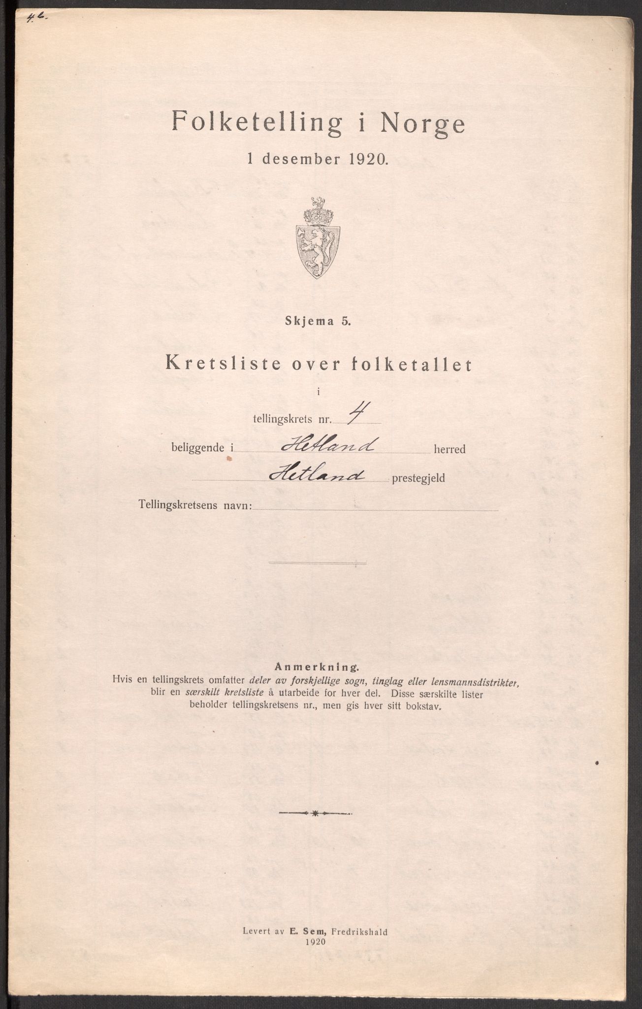 SAST, 1920 census for Hetland, 1920, p. 96