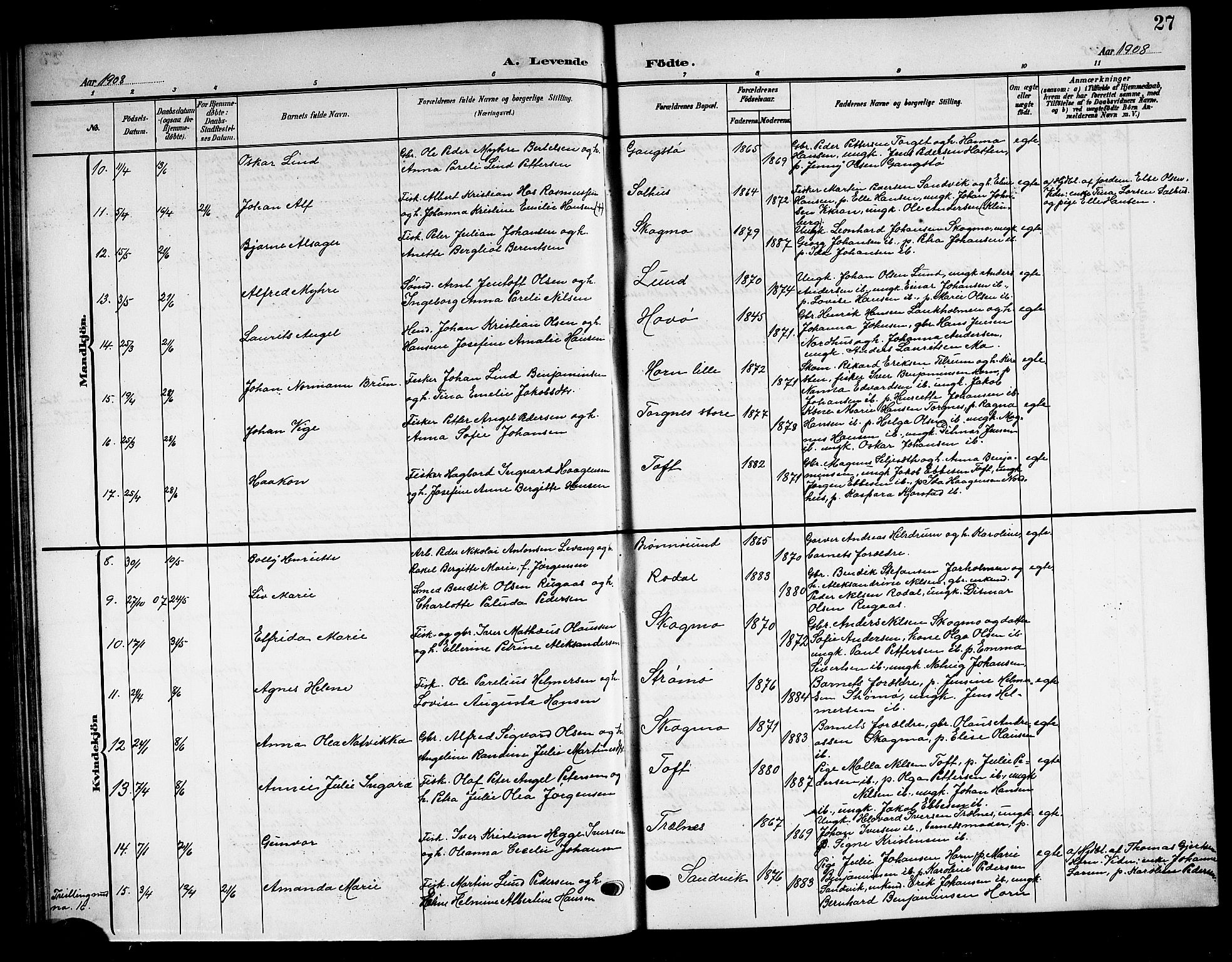 Ministerialprotokoller, klokkerbøker og fødselsregistre - Nordland, SAT/A-1459/813/L0214: Parish register (copy) no. 813C06, 1904-1917, p. 27