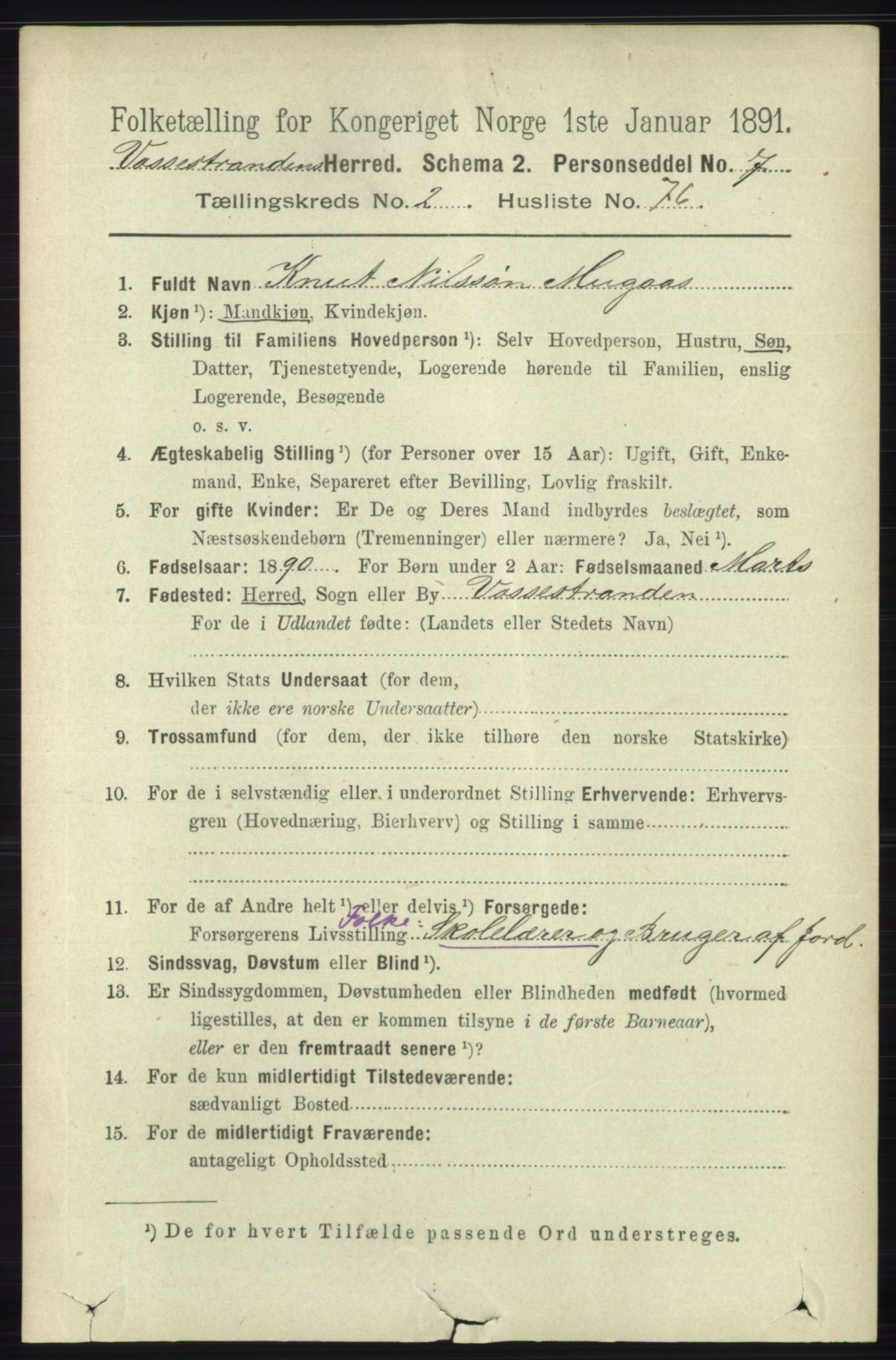 RA, 1891 census for 1236 Vossestrand, 1891, p. 1196