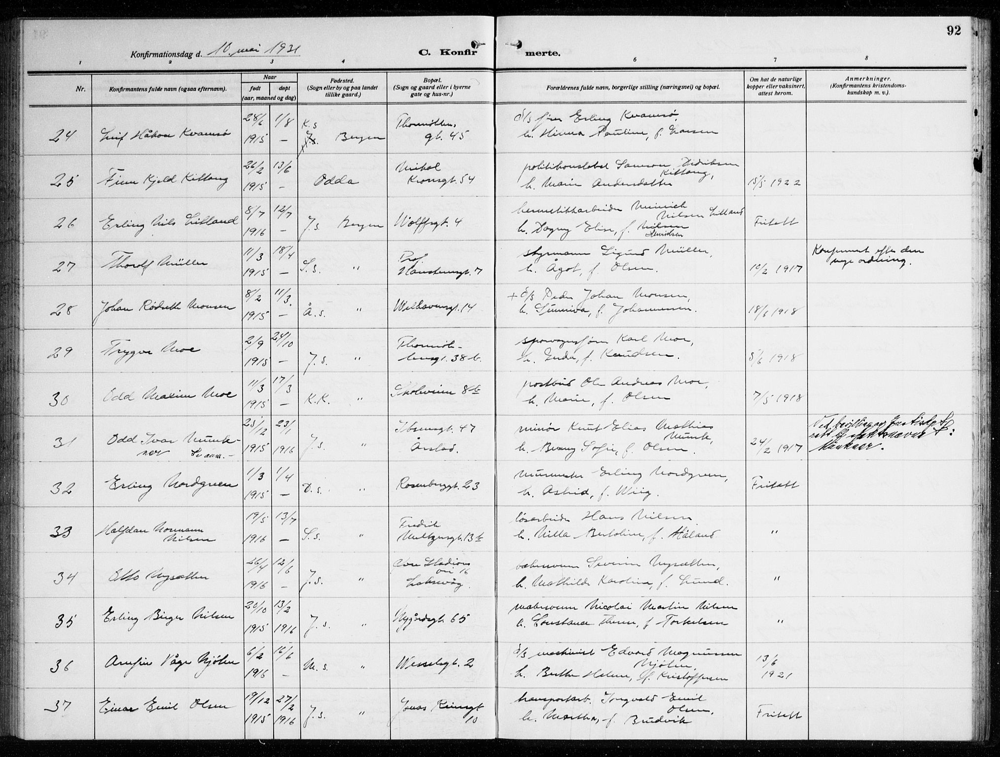 Johanneskirken sokneprestembete, AV/SAB-A-76001/H/Haa/L0010: Parish register (official) no. C 3, 1925-1935, p. 92