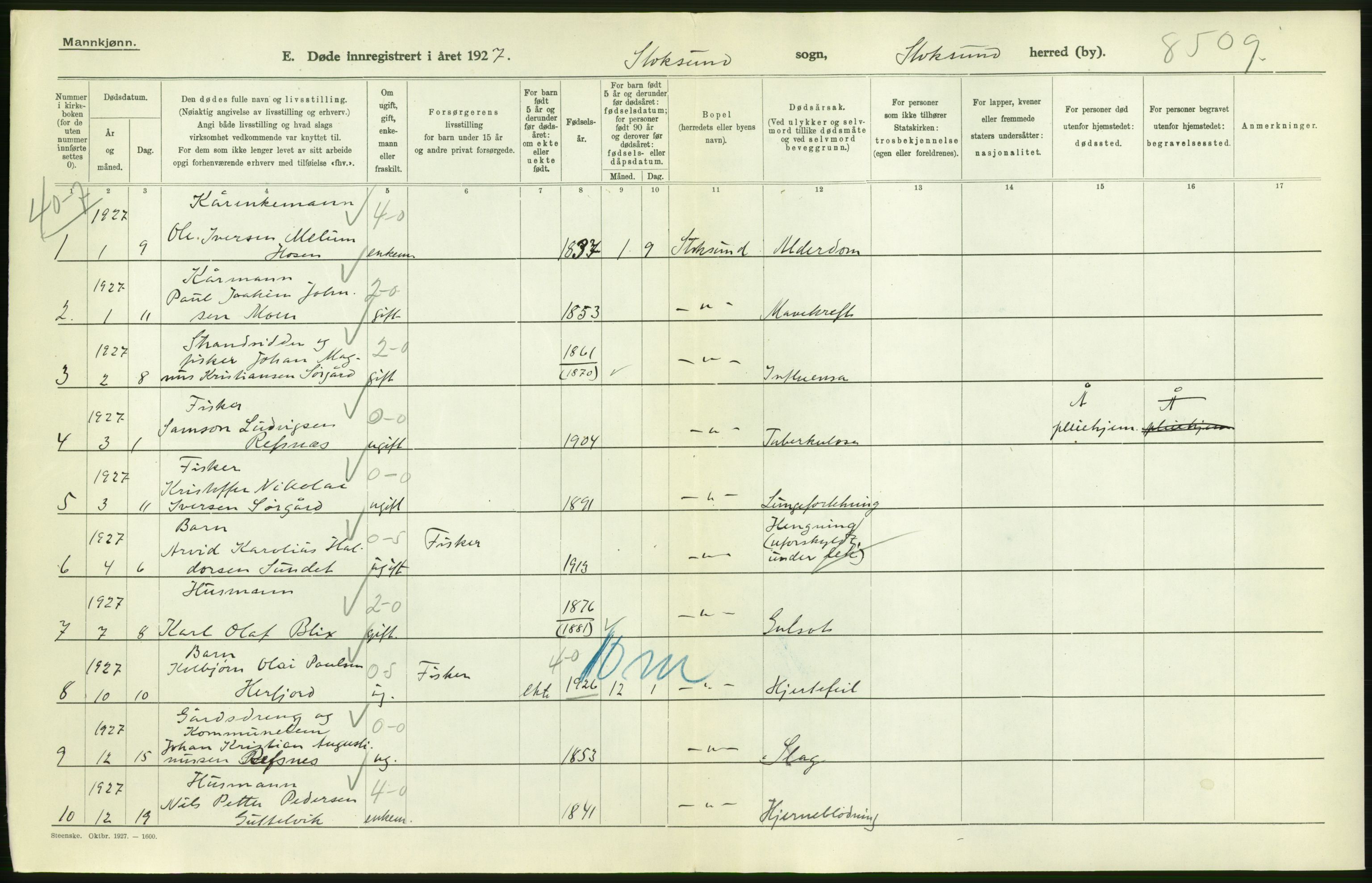 Statistisk sentralbyrå, Sosiodemografiske emner, Befolkning, AV/RA-S-2228/D/Df/Dfc/Dfcg/L0036: S. Trøndelag fylke: Gifte, døde. Bygder., 1927, p. 10