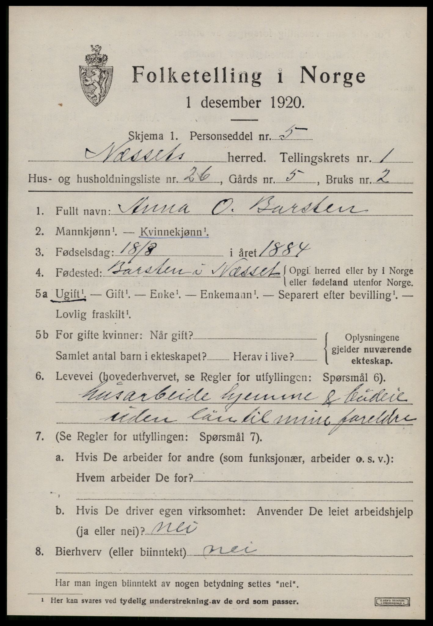 SAT, 1920 census for Nesset, 1920, p. 936