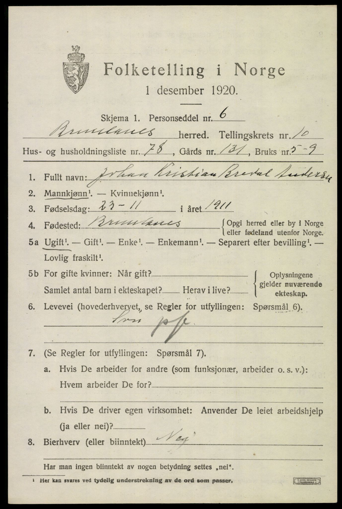 SAKO, 1920 census for Brunlanes, 1920, p. 9261