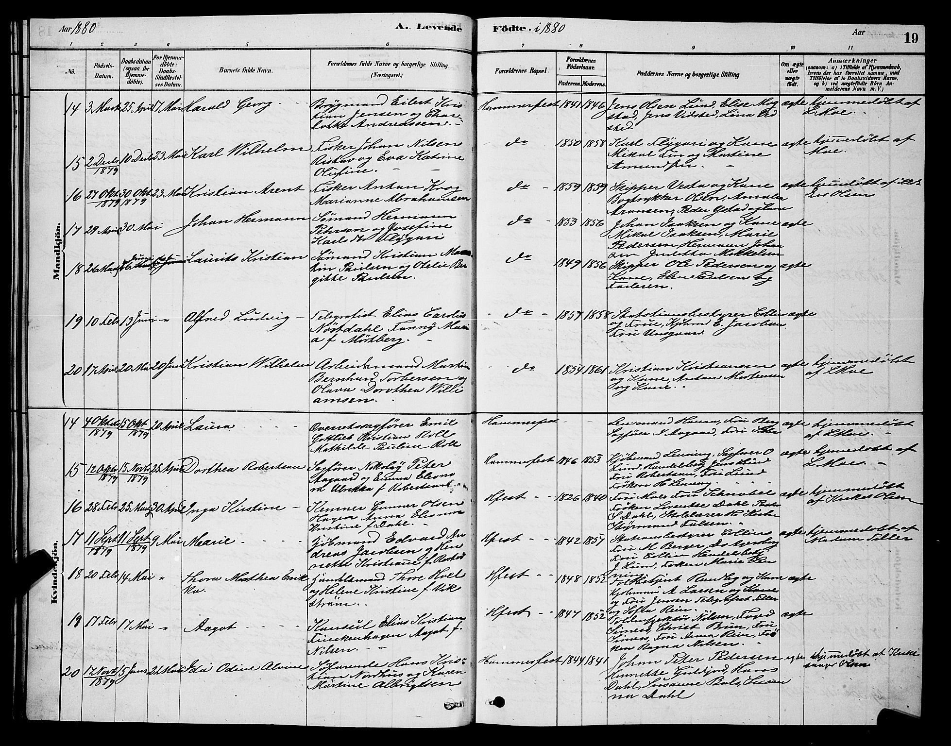 Hammerfest sokneprestkontor, AV/SATØ-S-1347/H/Hb/L0006.klokk: Parish register (copy) no. 6, 1876-1884, p. 19