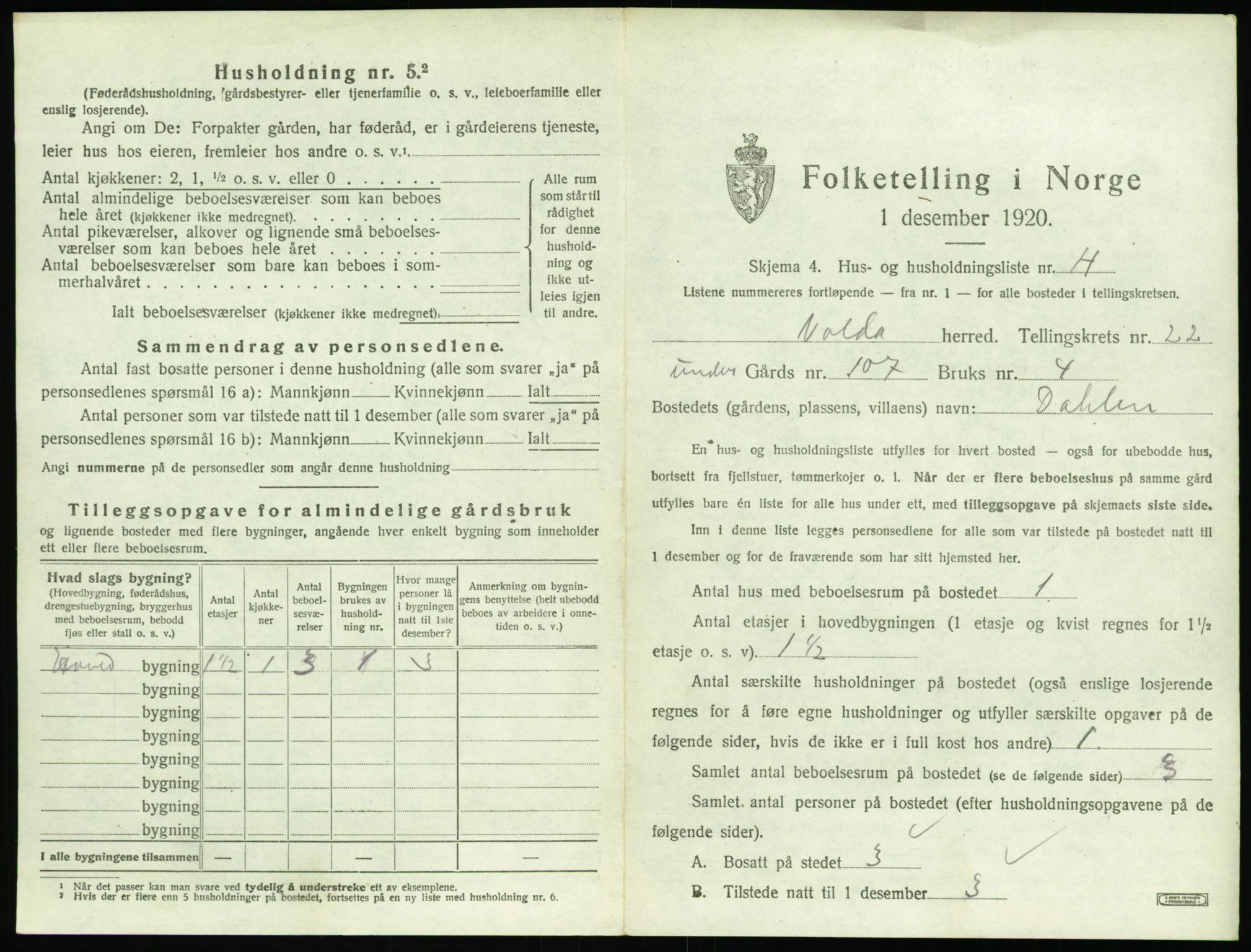 SAT, 1920 census for Volda, 1920, p. 1504