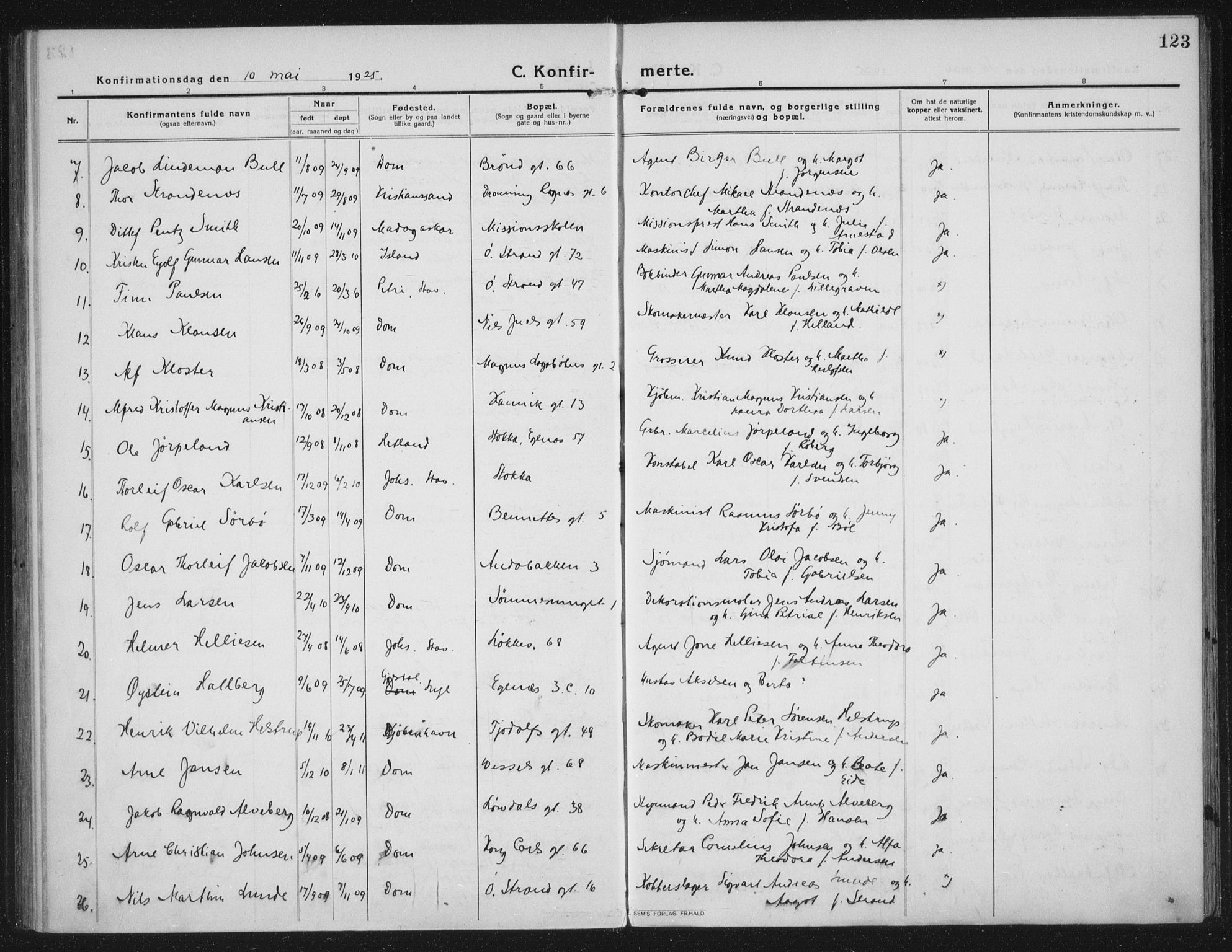 Domkirken sokneprestkontor, AV/SAST-A-101812/002/A/L0019: Parish register (official) no. A 35, 1916-1932, p. 123