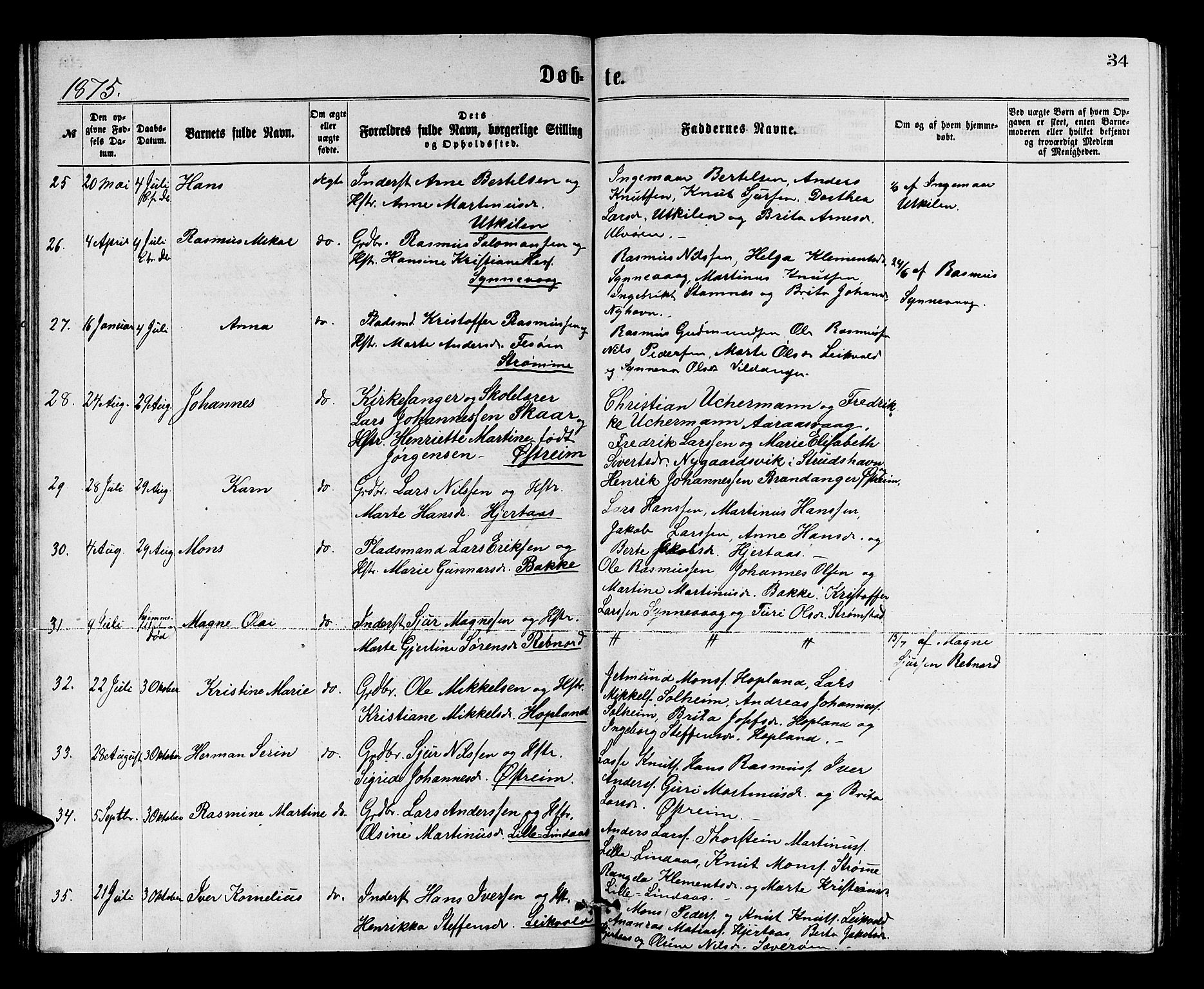 Lindås Sokneprestembete, AV/SAB-A-76701/H/Hab/Habc/L0002: Parish register (copy) no. C 2, 1868-1885, p. 34