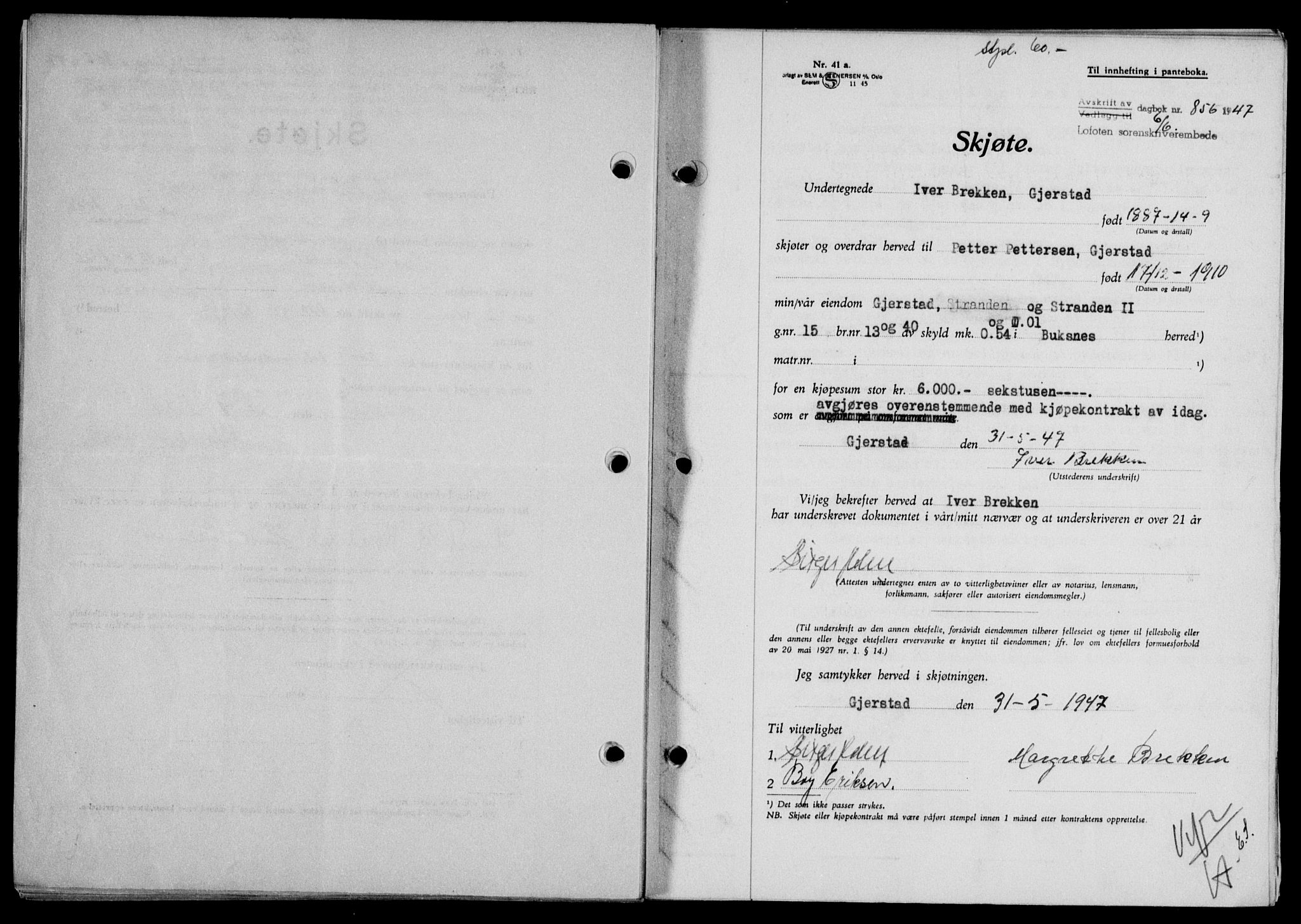 Lofoten sorenskriveri, SAT/A-0017/1/2/2C/L0016a: Mortgage book no. 16a, 1947-1947, Diary no: : 856/1947